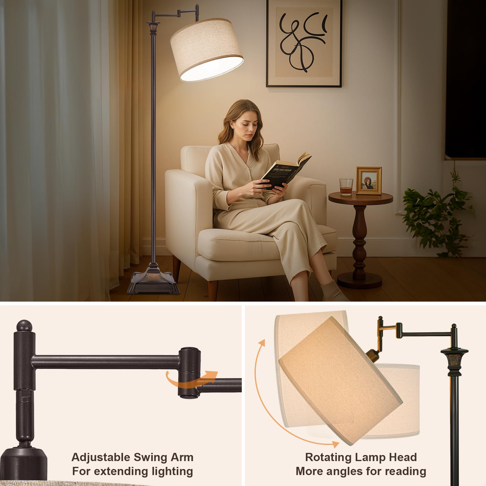 Scenekoy Vintage 68" Tall Smart LED Floor Lamp, Dark Brown, Adjustable Swing Arm, Remote Control, Model SL036 for Living Room/Bedroom