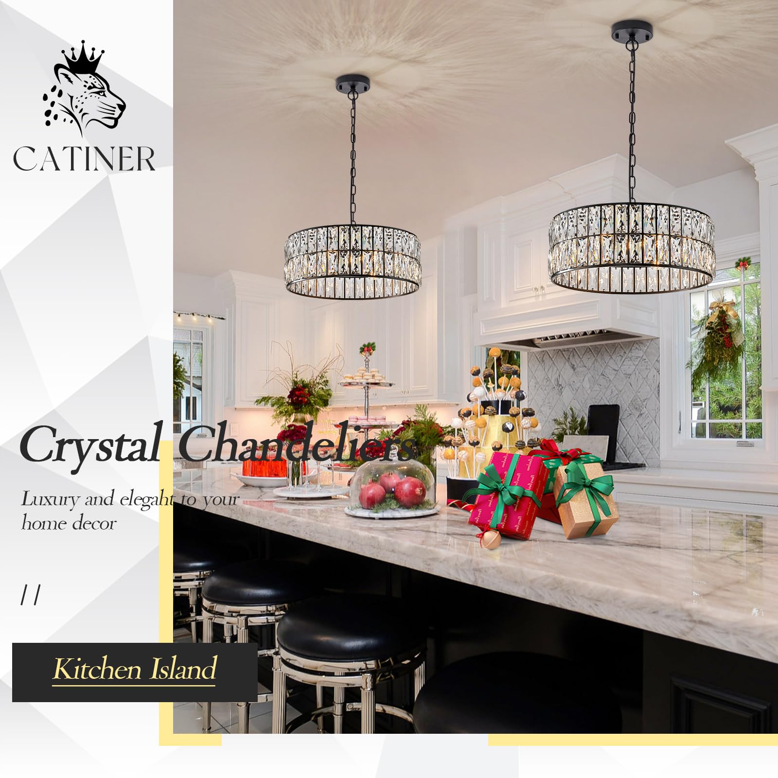 CATINER Black Crystal Chandelier - 6-Lights Pendant Light, 18" Drum Semi Flush Mount for Dining Room, Living Room, Kitchen