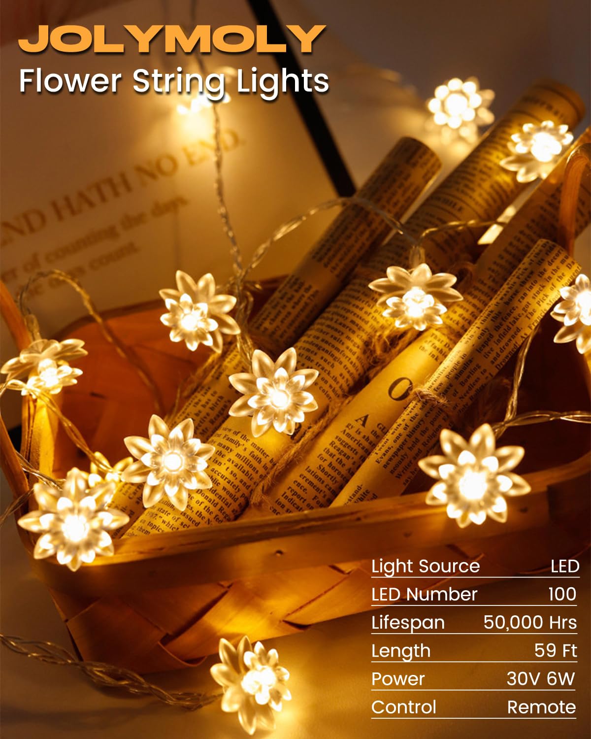 Jolymoly Flower String Lights, 59 Ft 100 Led Fairy Lights Plug In With Remote Timer, Connectable Flower Fairy Lights For Bedroom Wedding Xmas Indoor Outdoor Decor, Warm White