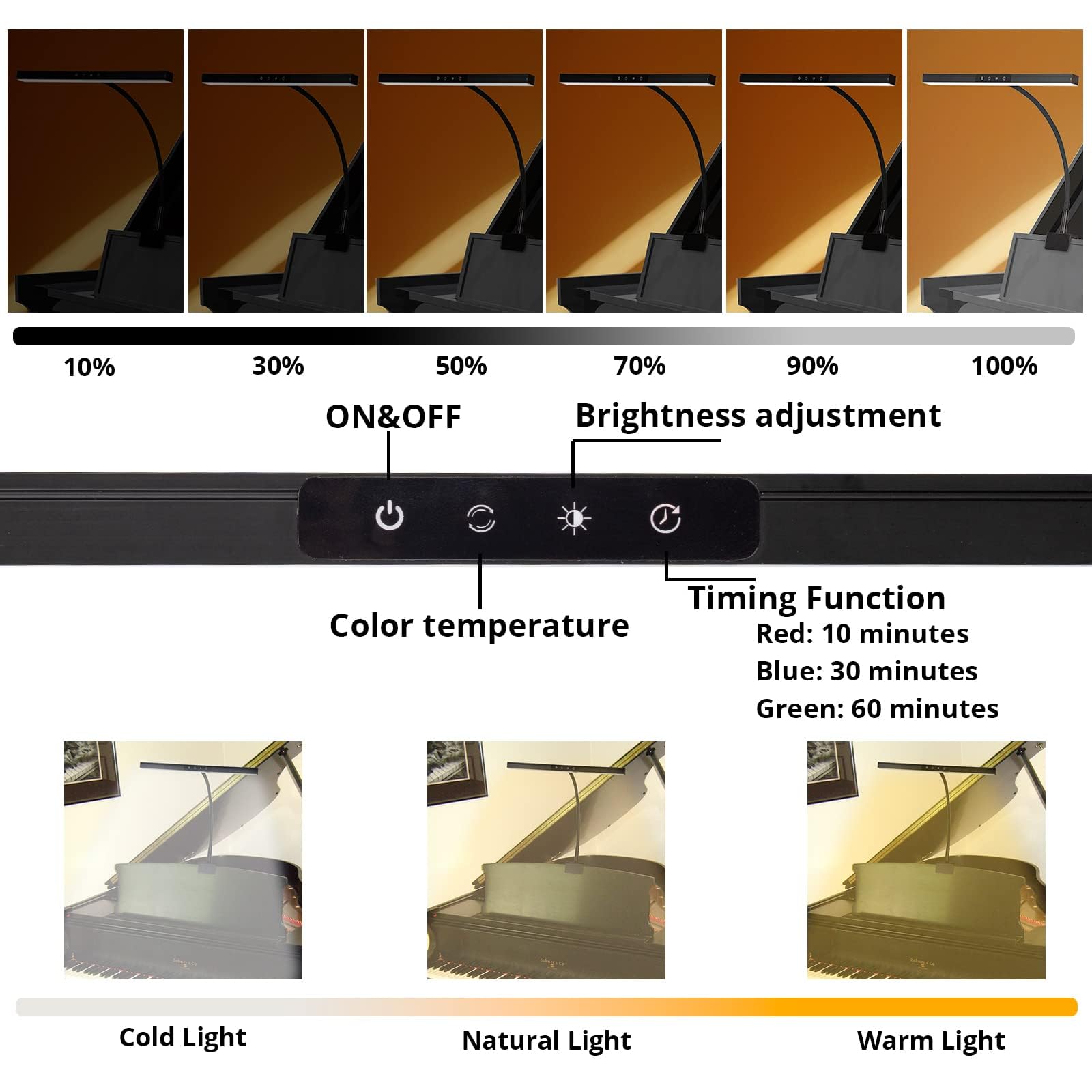 CIVHOM Adjustable Piano Lamp - 3 Color Modes, Auto-Off Timer, Black Desk Light for Music Stand & Wide Illumination