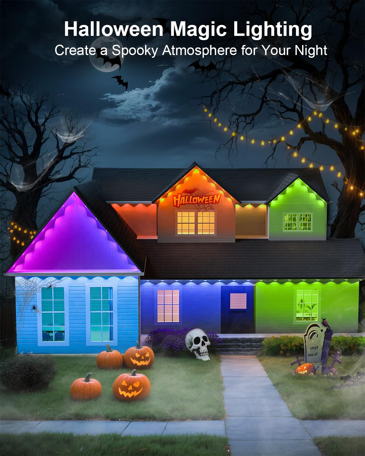 Tropwellhouse 200ft RGB Smart LED Eave Lights, IP67 Waterproof, Remote & APP Control, White, Model YM2025-2 for Outdoor Decor