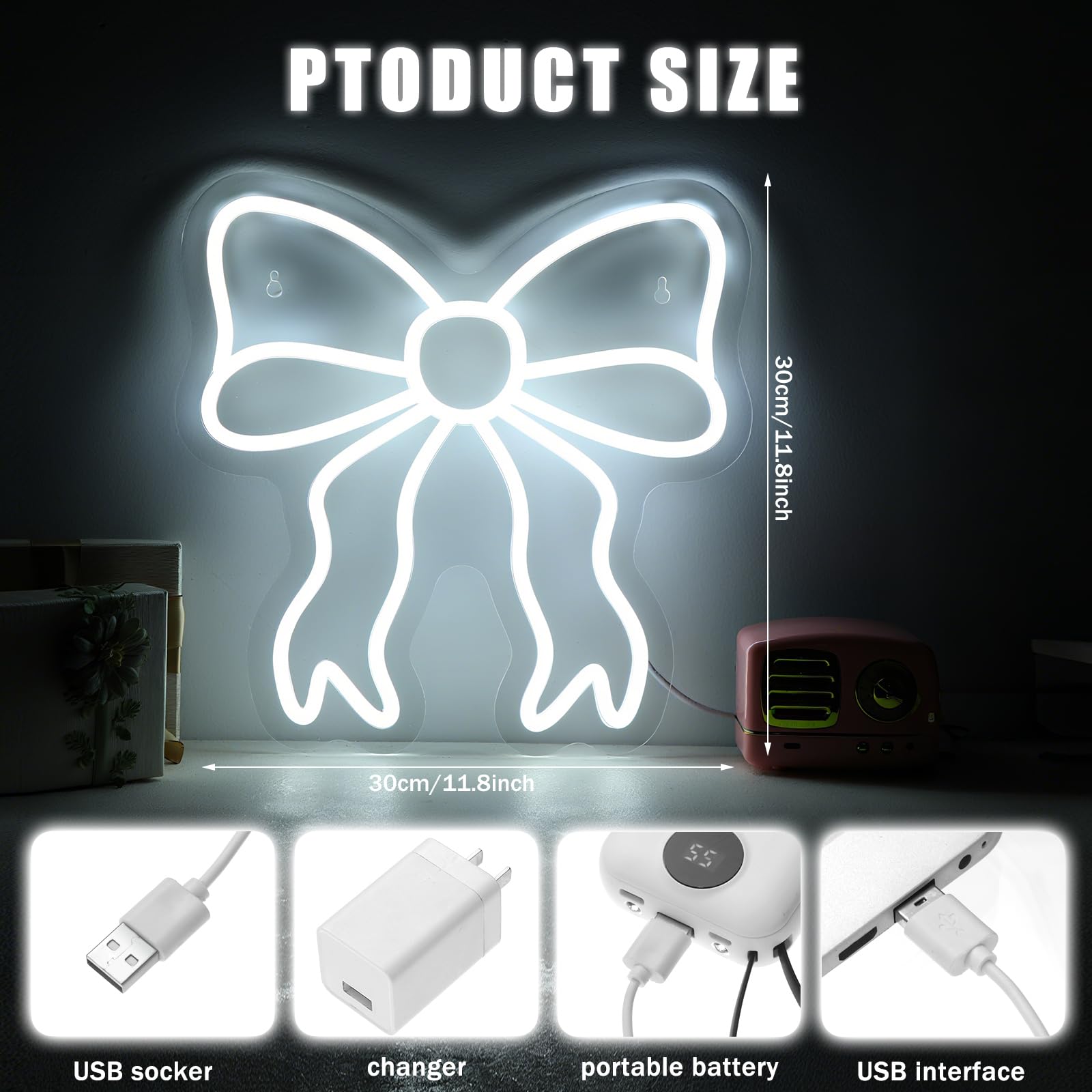 Retisee Bow Led Neon Sign Bedroom Women Room Neon Light Sign Coquette Aesthetic Home Wall Preppy Dorm Beauty Room Salon Decor Party Bar Decoration Gift For Her 11.8X11.8In (White)