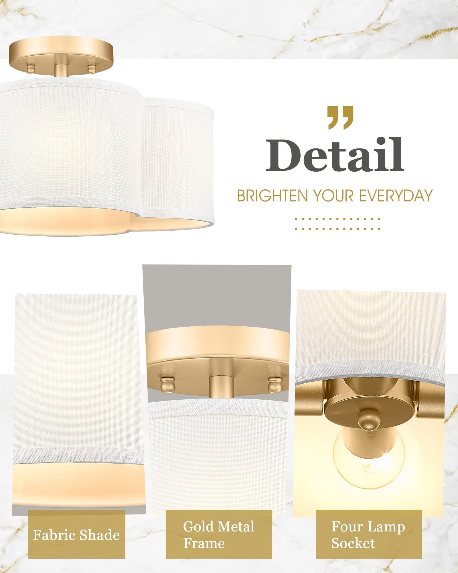 Audickic Gold Semi Flush Mount Ceiling Light, 14" 4-Light Fabric Shade, Quatrefoil Design for Kitchen, Dining, Hallway, Bedroom