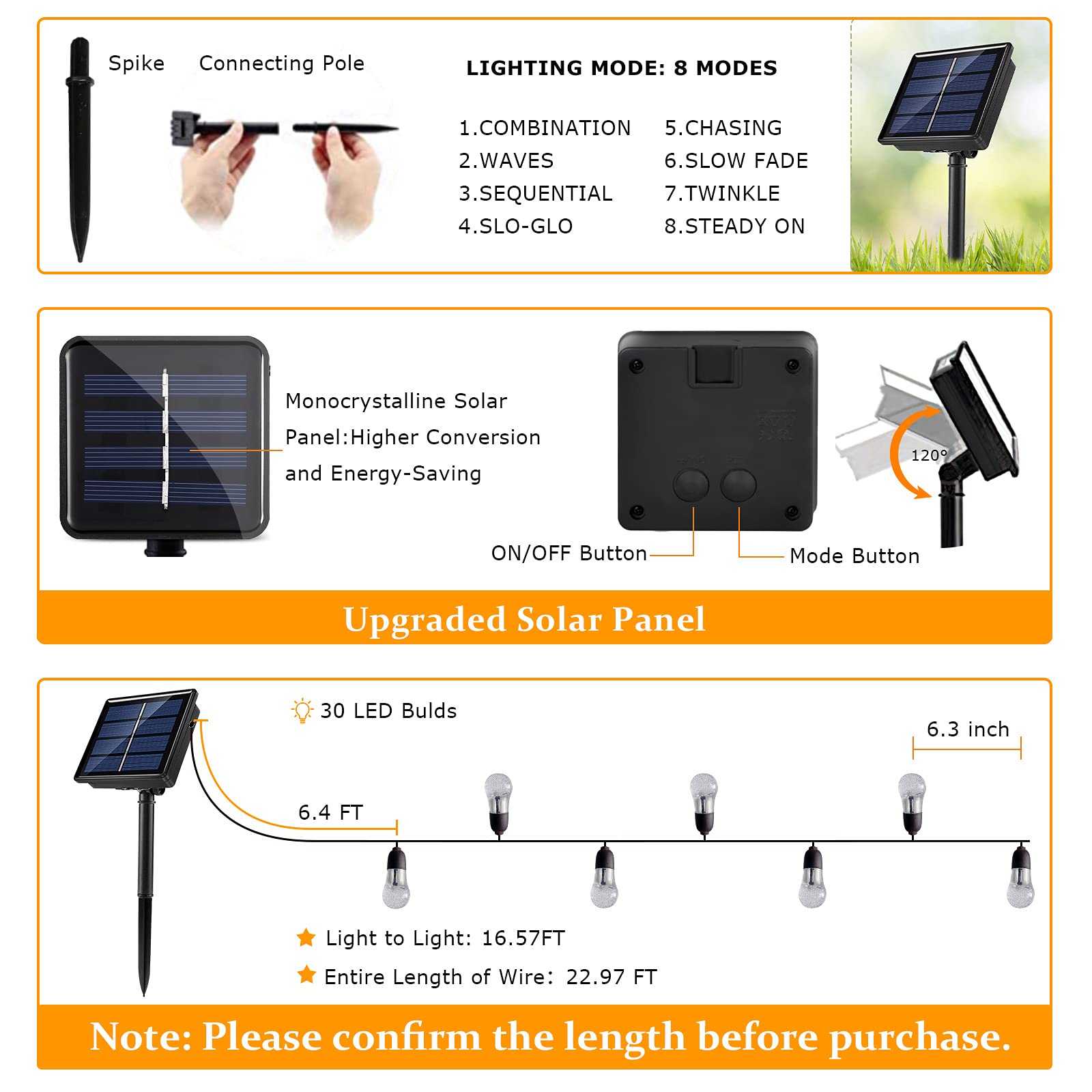 Kikasam Gazebo Solar String Lights, 23Ft Solar Decorative Lights With 8 Lighting Modes, Waterproof Solar Patio String Lights Yar