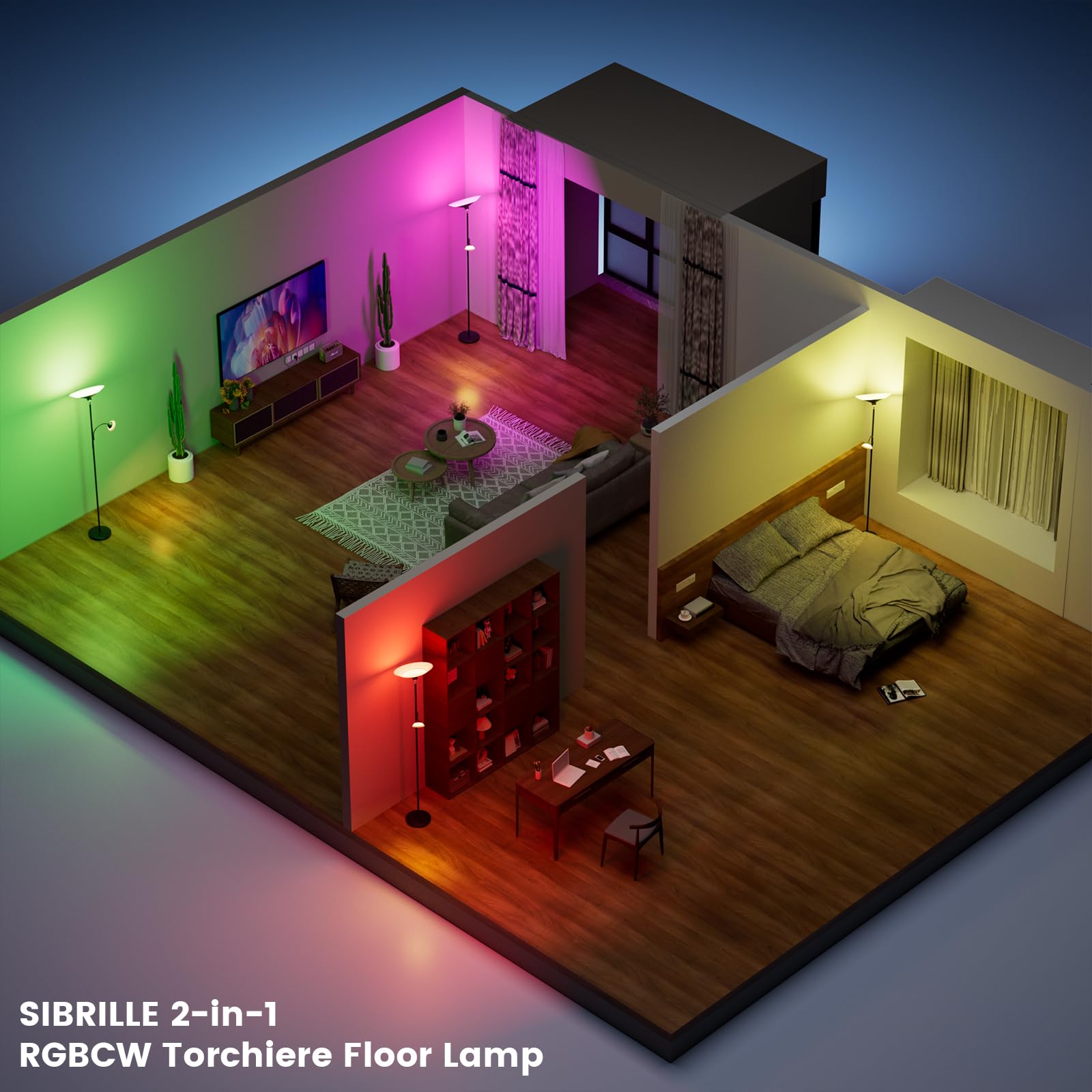SIBRILLE RGB Torchiere Floor Lamp - 34W Dimmable LED, 72'' Tall, Black Metal, Remote & Button Control, Model MF30021.3