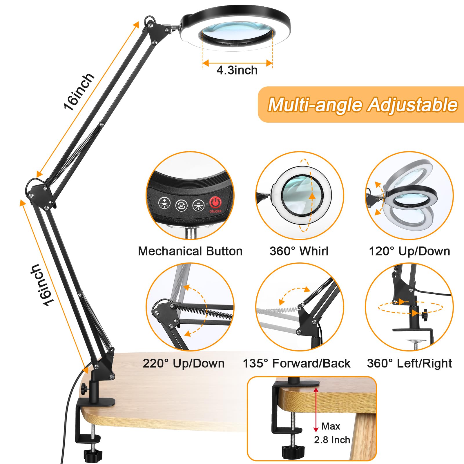 Krstlv 10X Magnifying Glass With Light & Stand, Adjustable Led Desk Lamp, 5 Color Modes
