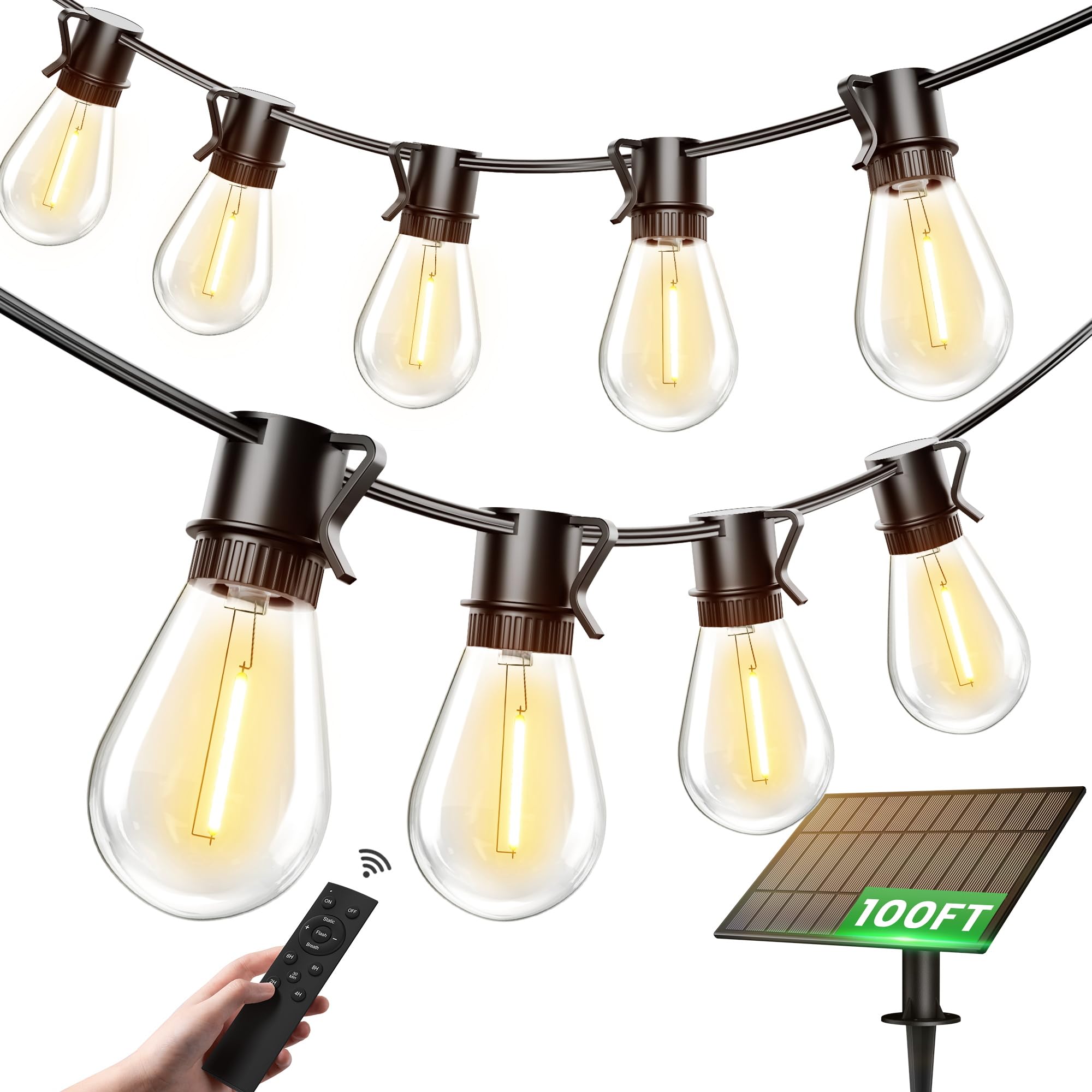 Torkase LED Outdoor String Lights, 100FT, Warm White, 25+2 Shatterproof Bulbs, Waterproof, Solar Powered, Commercial Grade