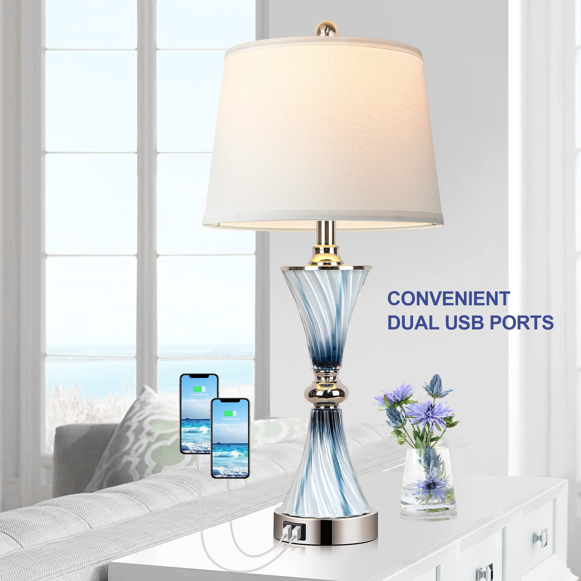 Set Of 2 Blue Glass Table Lamps For Bedrooms With 2 Usb Ports 3-Way Dimmable Touch Coastal Bedside Lamps For Contemporary Style