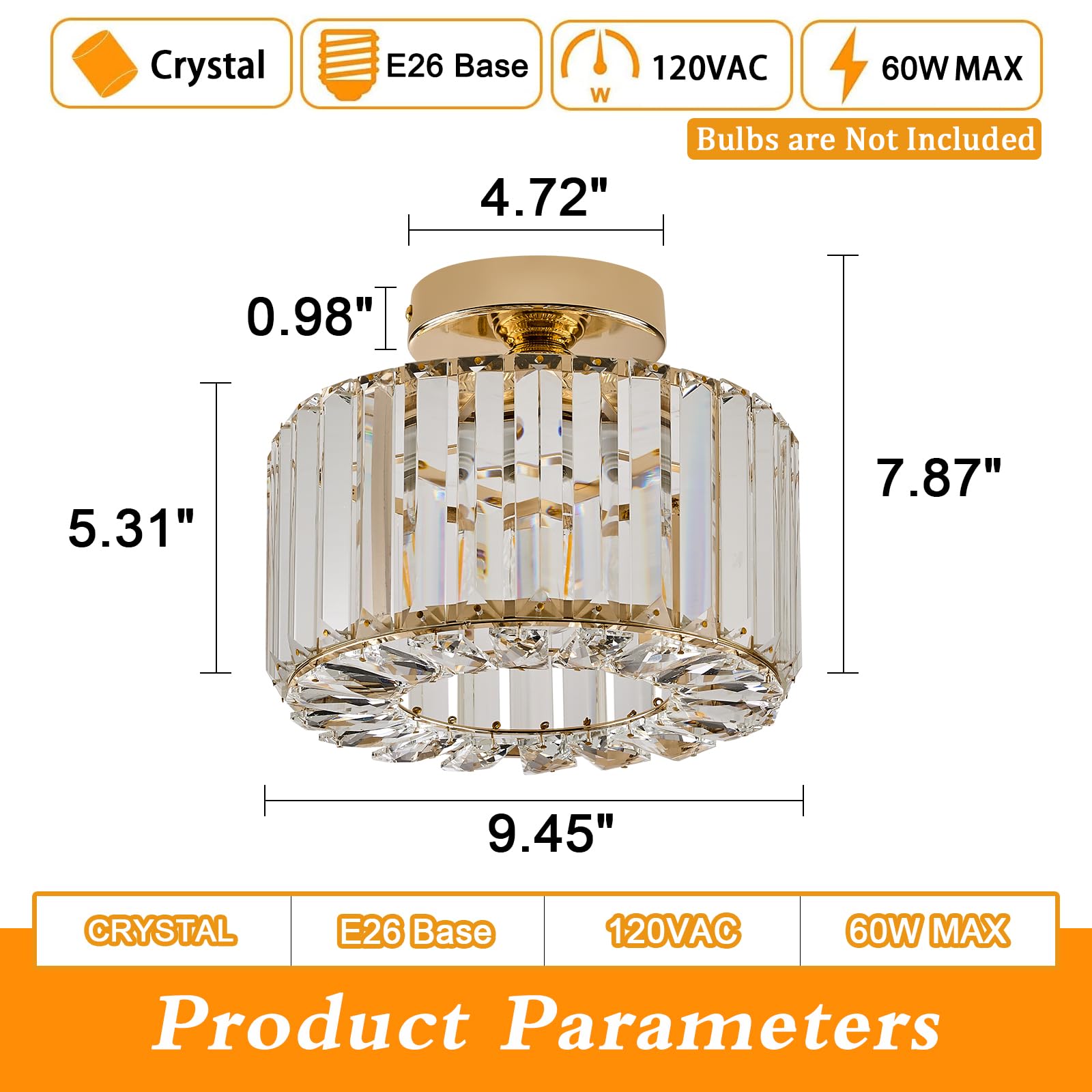 Buxvrcs Crystal Ceiling Light Fixture - Semi Flush Mount Chandelier, Gold, Medium, Model Sjd-12B, Perfect For Kitchen, Bedroom, Bathroom