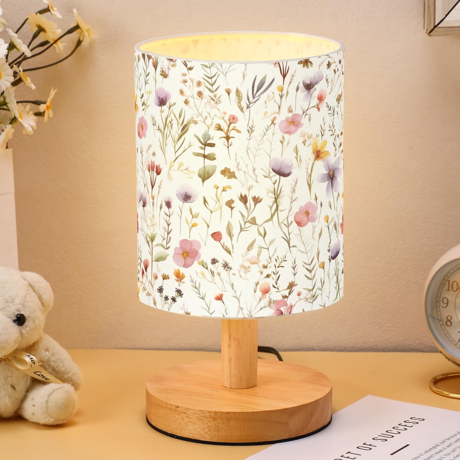 VIHOSE Wildflower Kids Table Lamp for Bedroom Kids Bedside Lamp with Linen Wooden Nightstand Cartoon Nursery Lampshade for Girls