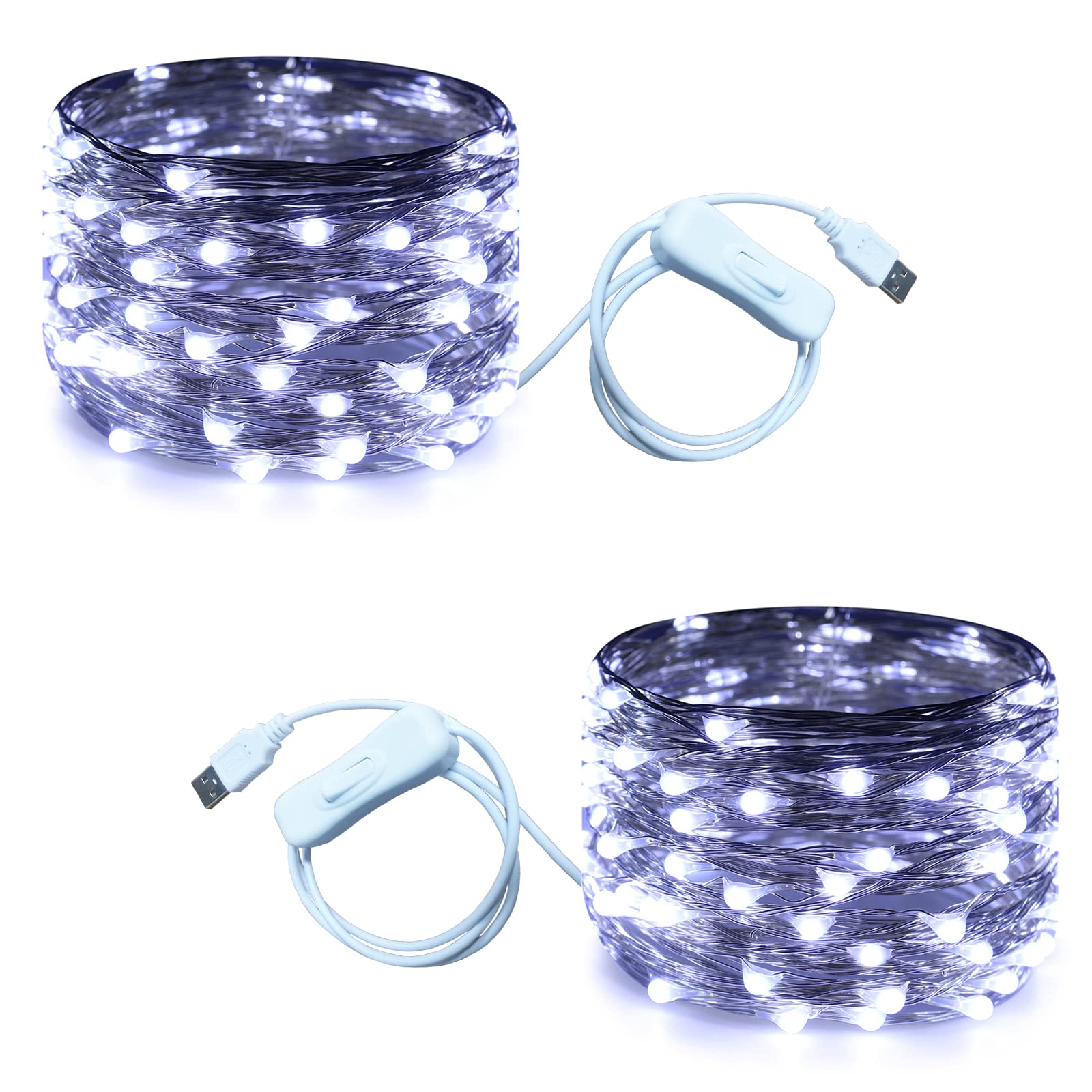 RUICHEN USB Fairy Lights 33 Ft 100 LED String Lights with On/Off Switch (Cool White  2 Pack)