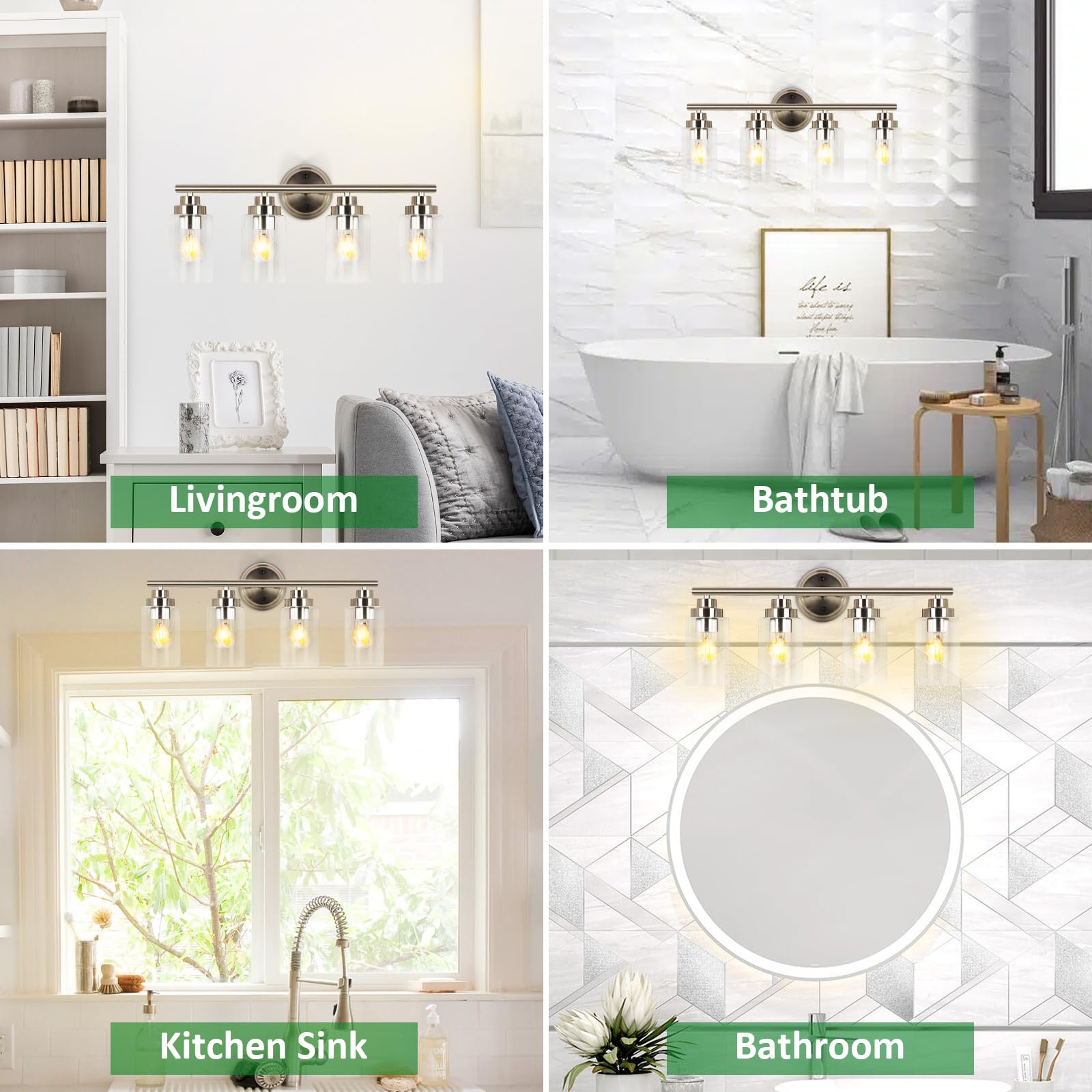 DLLT 4-Light Bathroom Wall Sconces, Silver Glass Shade Vanity Lighting, Model DINGLILIGHTING