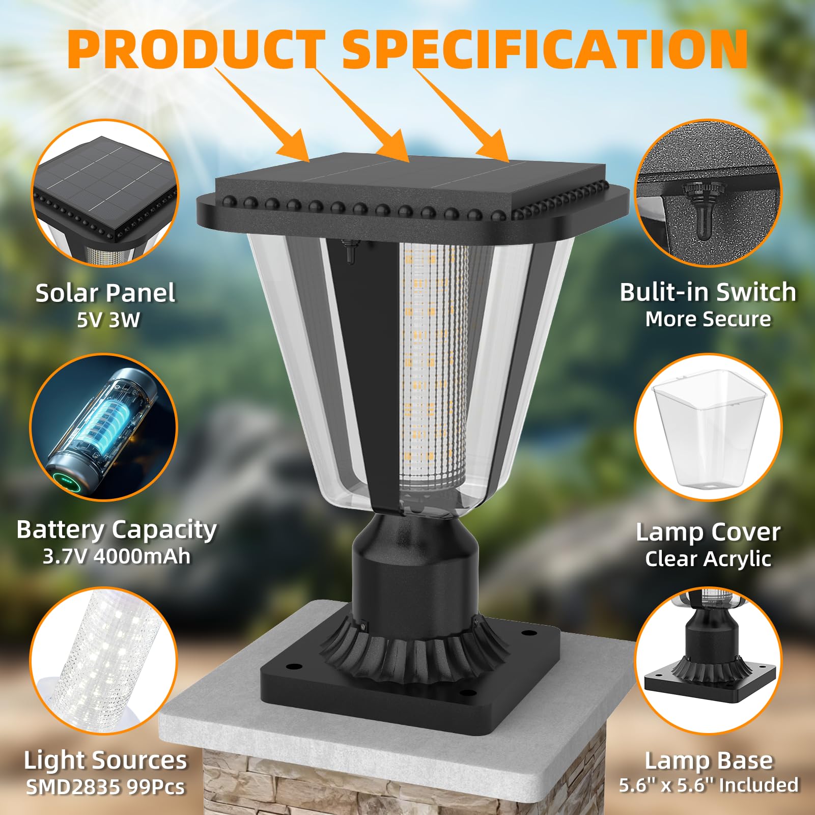 Lovus Solar Post Light - 160LM Dusk to Dawn LED Lamp, IP65 Waterproof, 3000K Warm White, Model SF-001, 1 Pack