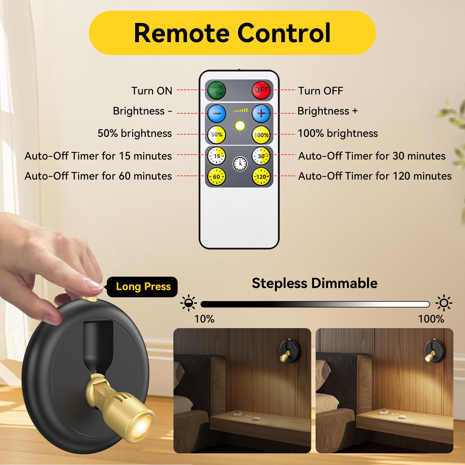 Ler0ktr Rechargeable LED Spotlight - Wireless Mini Accent Light, Dimmable, Timer Remote, 1 Pack, Black, Model SL-BG-11