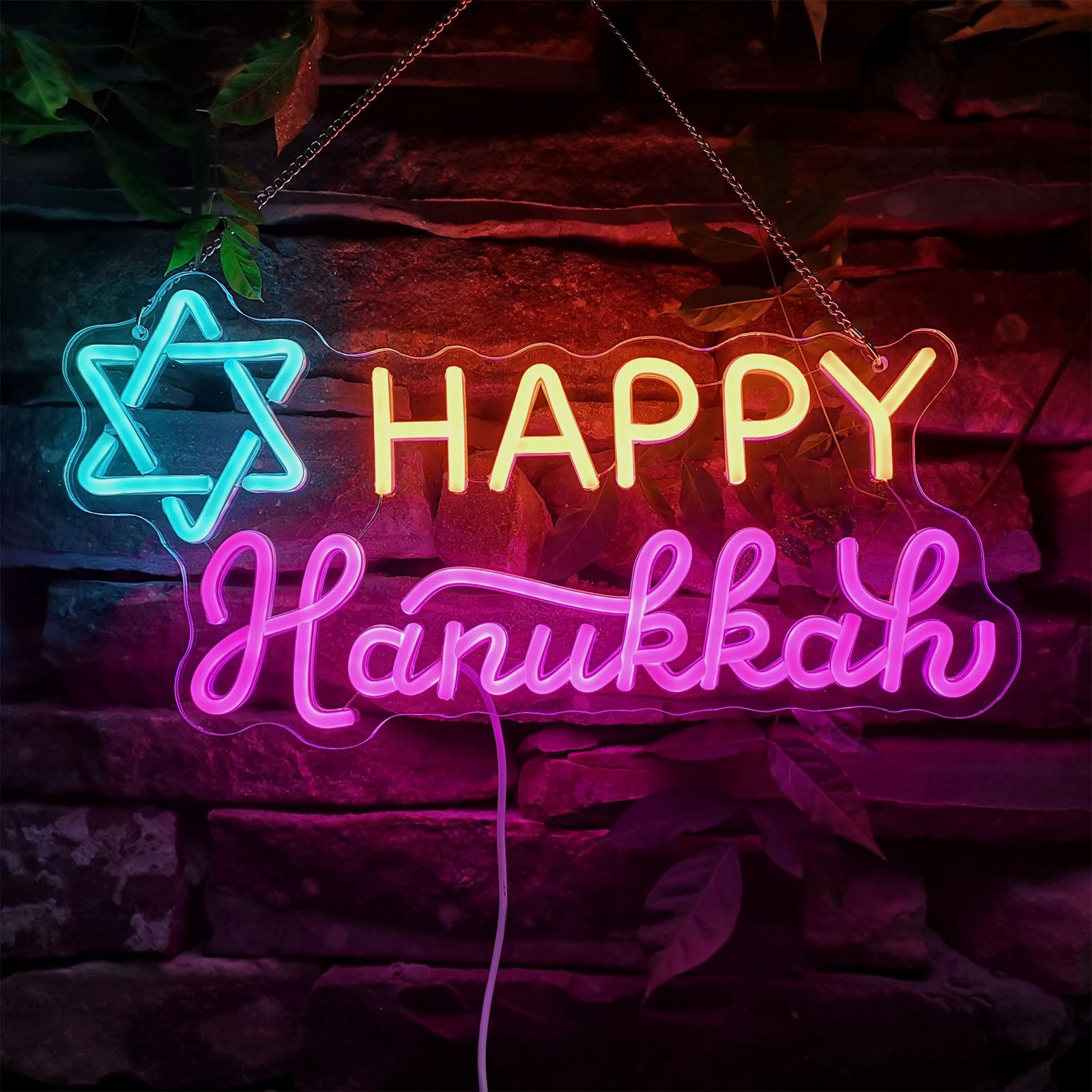 Happy Hanukkah Neon Sign, Stars of David Shape LED Neon Light Signs, Hanukkah Decorations for Home, Neon Signs for Wall Room Bed