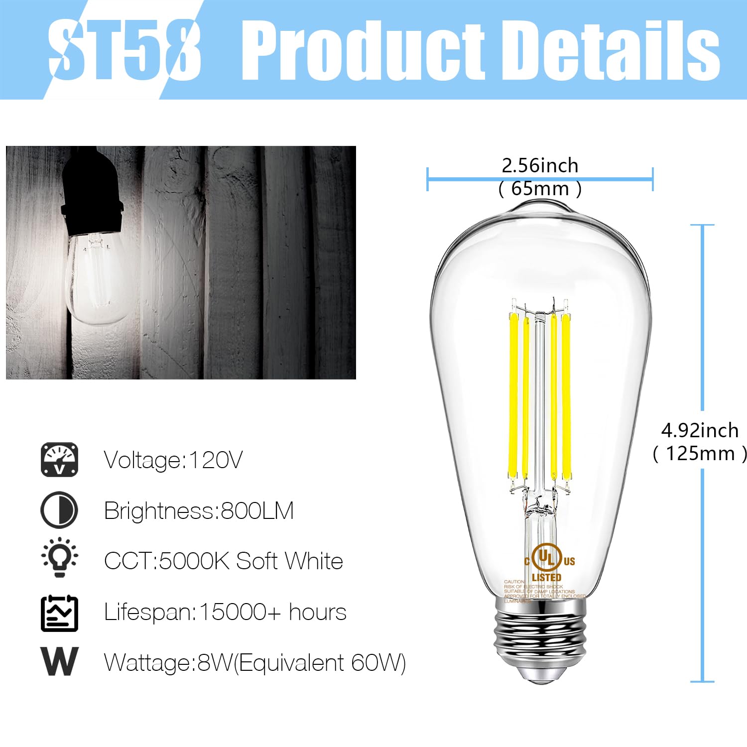 Daybetter 6 Pack Vintage Led Edison Bulbs, E26 Led Bulb 60W Equivalent, Dimmable Led Light Bulbs, High Brightness 800 Lm Daylight White 5000K, St58 Antique Filament Bulbs, Clear Glass Style For Home