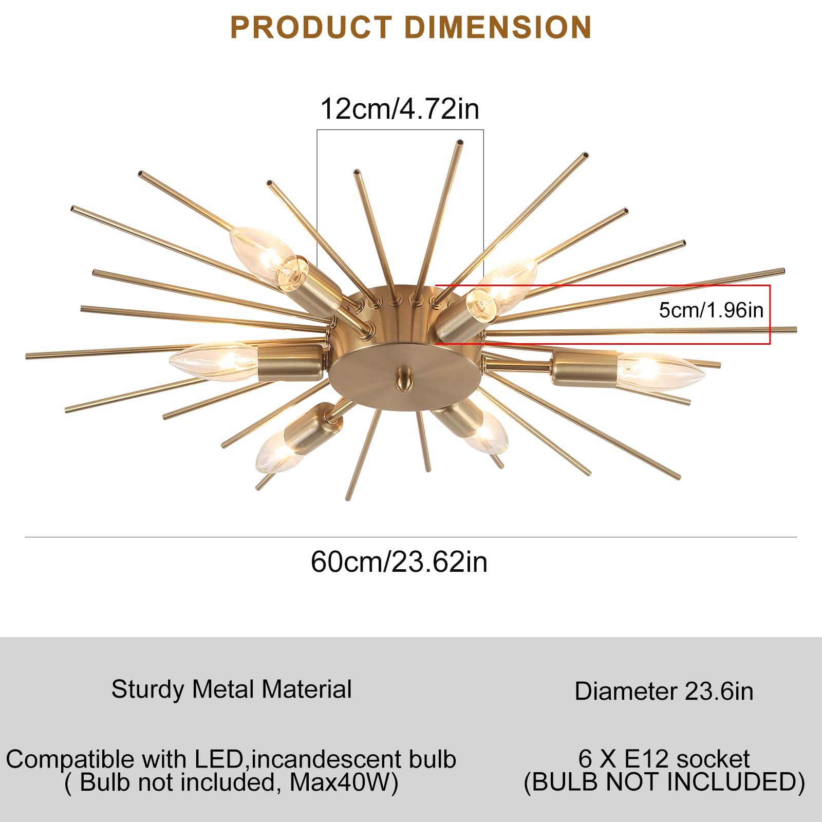 Jaycomey 6-Lights Sputnik Ceiling Light Fixture, Gold Modern Chandelier for Dining Room, Bedroom, Hallway, E12, Model OY8043-6G