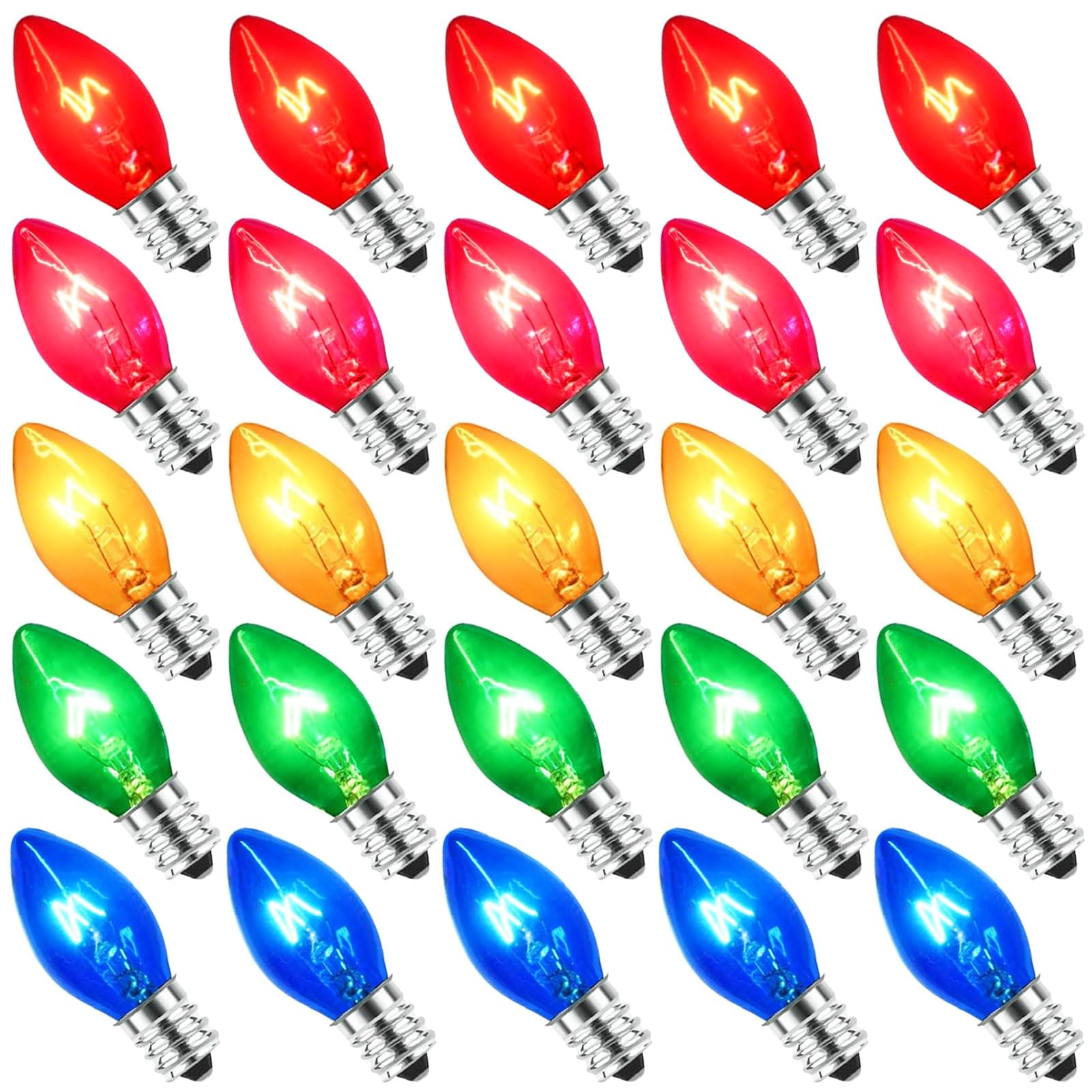 Bokoiuu C7 Replacement Light Bulbs Multicolor, 25 Pack Christmas Clear Multicolor Night Light Bulbs, C7/E12 Candelabra Base For 