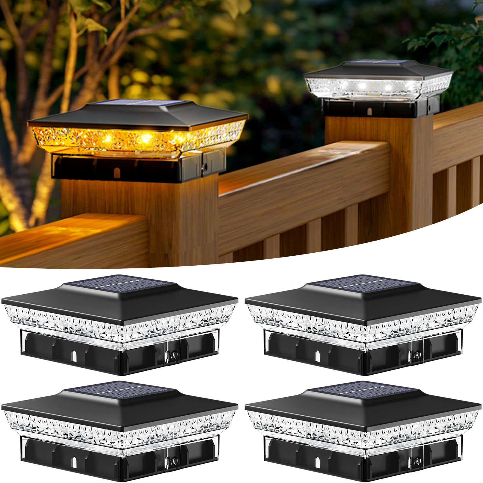 btfarm 4x4 Solar Post Cap Lights Outdoor, 2 Modes 16 LED Deck Fence Post Lights, 4 Pack Waterproof Solar Powered Lighting Outsid
