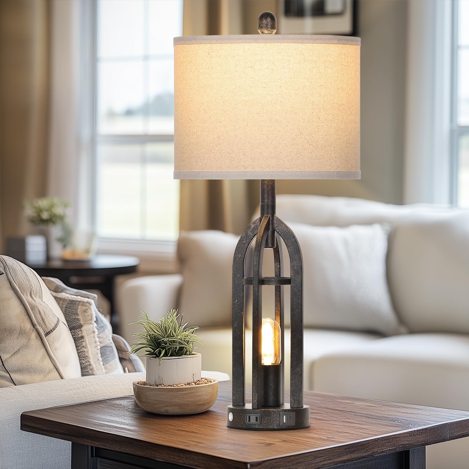 Cinyirong 27'' Rustic Table Lamps For Living Room - Farmhouse Lamps Set Of 2 With Usb C+A & Outlet, 3-Way Dimmable Touch Lamps F