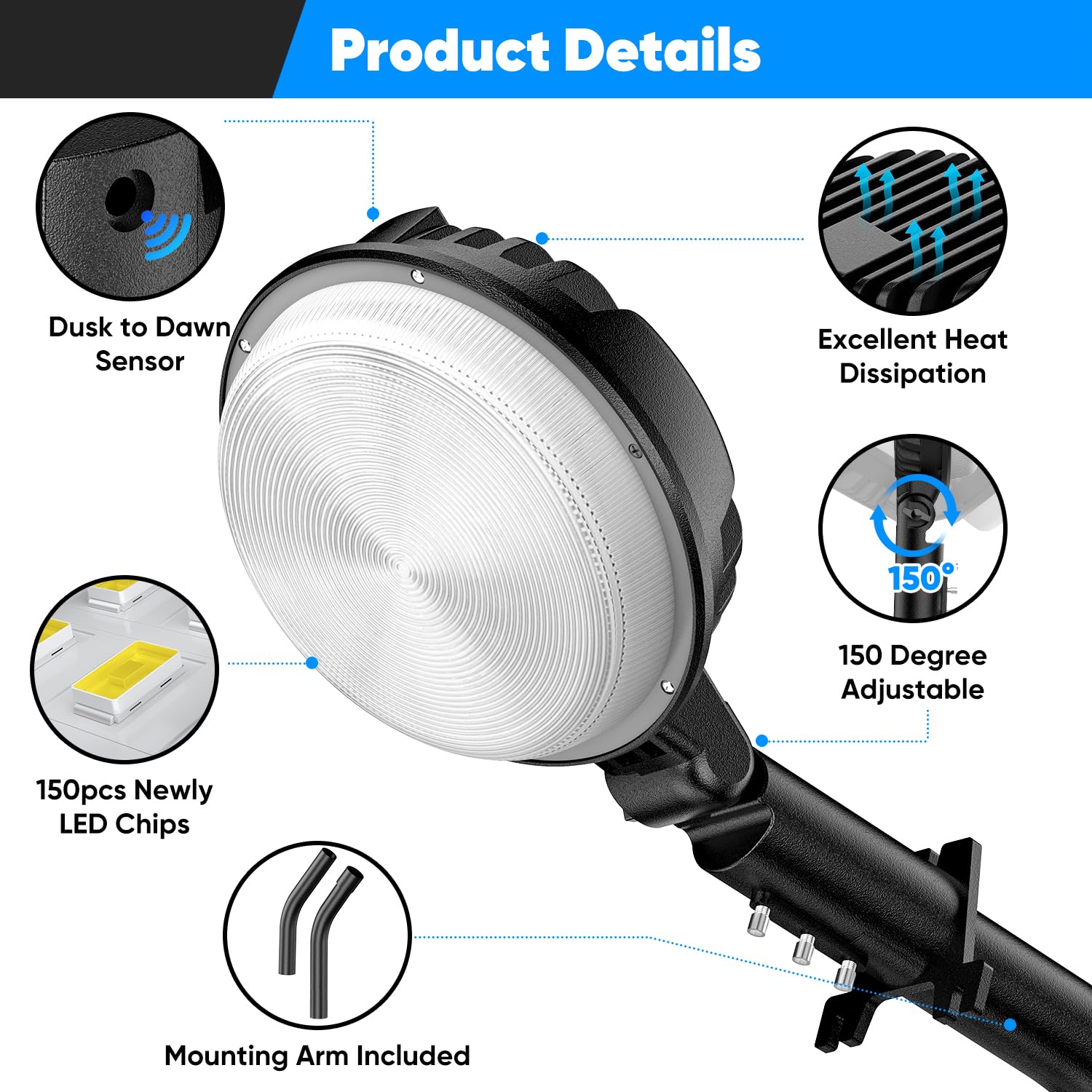 24000Lm Led Barn Light, 150W Dusk To Dawn Outdoor Lighting, Ip66 Waterproof Yard Light With Photocell, 150 Adjustable Outside Se
