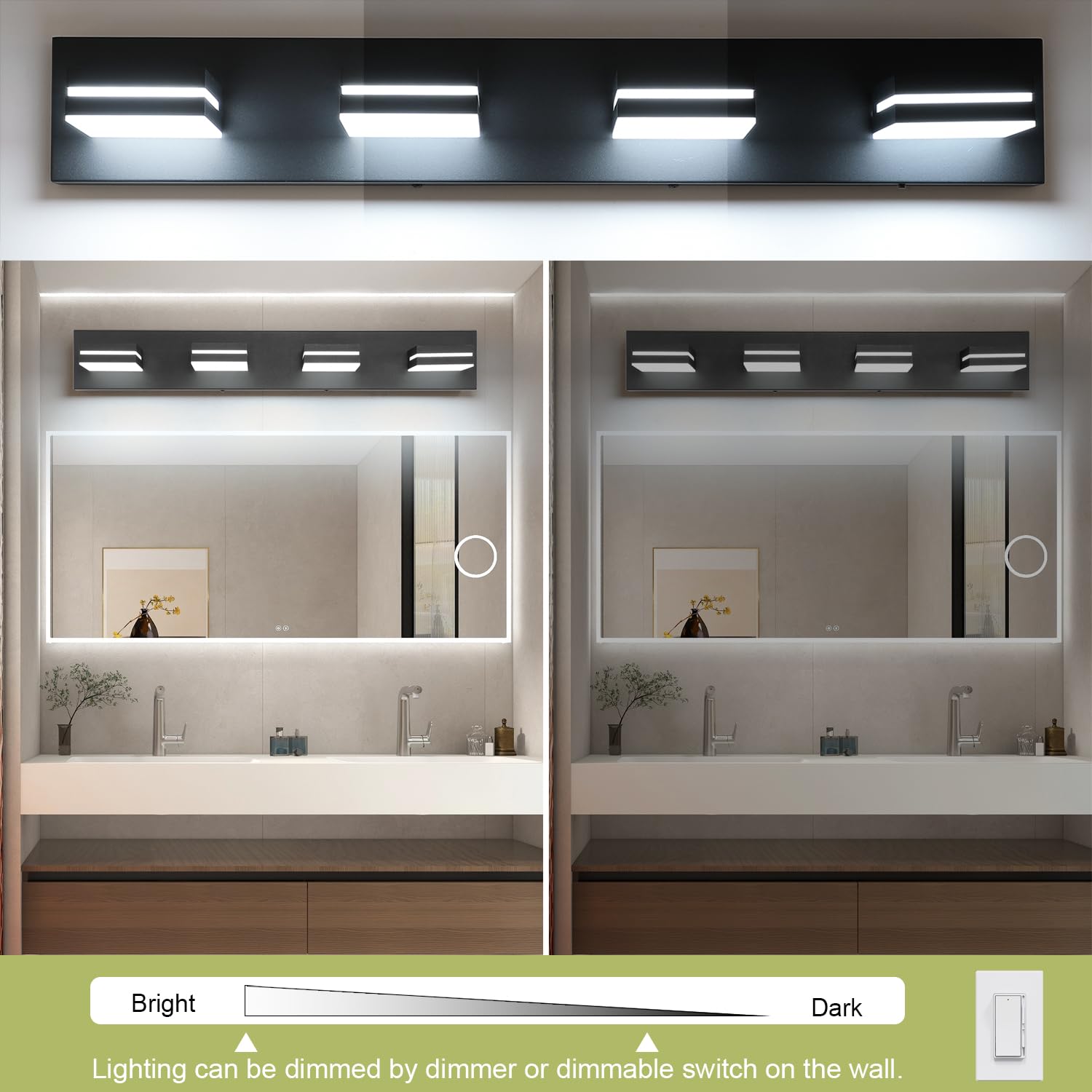 SineRise 4-Light LED Bathroom Vanity Light, Dimmable, Matte Black, 30-Inch, Stainless Steel, Model H0001-43, 5CCT Options