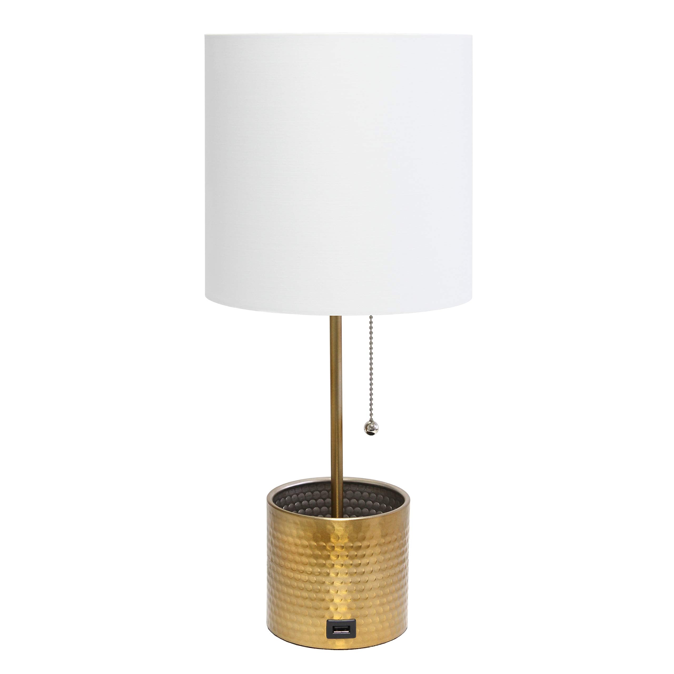 Simple Designs Lt1085-Gld Hammered Metal Organizer Table Lamp With Usb Charging Port And Fabric Shade, Gold