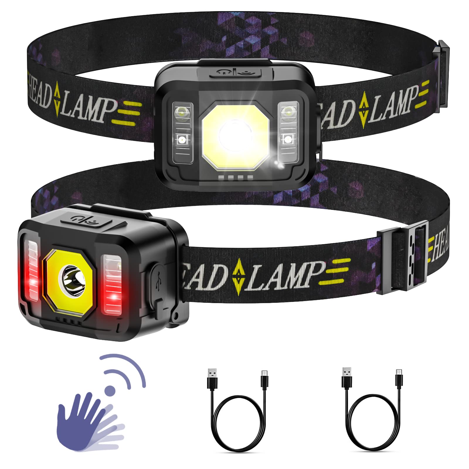 Pluralla Rechargeable LED Headlamp, 6 Modes, Motion Sensor, 2 Pack, Black, Model 607, ABS Material