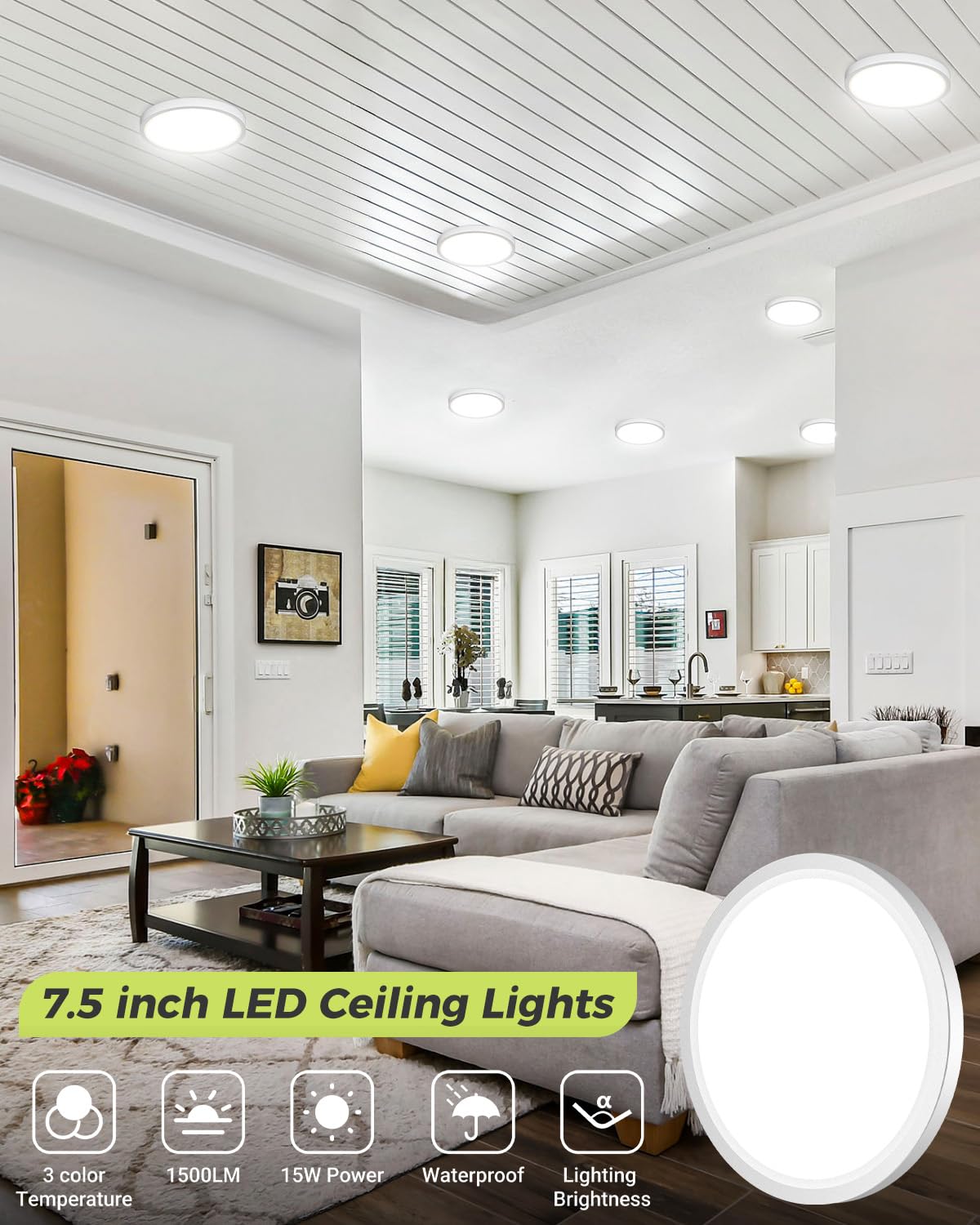2Pack Led Flush Mount Ceiling Light, 3000K-4000K-6500K & 100W Equivalent Modern Kitchen Recessed Ceiling Lamp 15W 1500Lm 7.5 Inc
