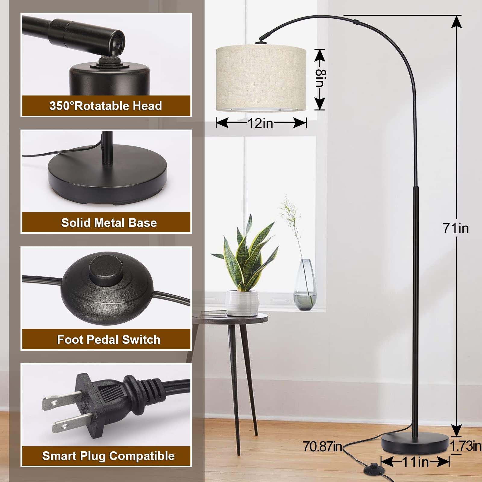 Seaside Village Arc Floor Lamp - Modern Black Metal Standing Light with Adjustable Drum Shade, Foot Switch,  Tall Design for Living Room and Office