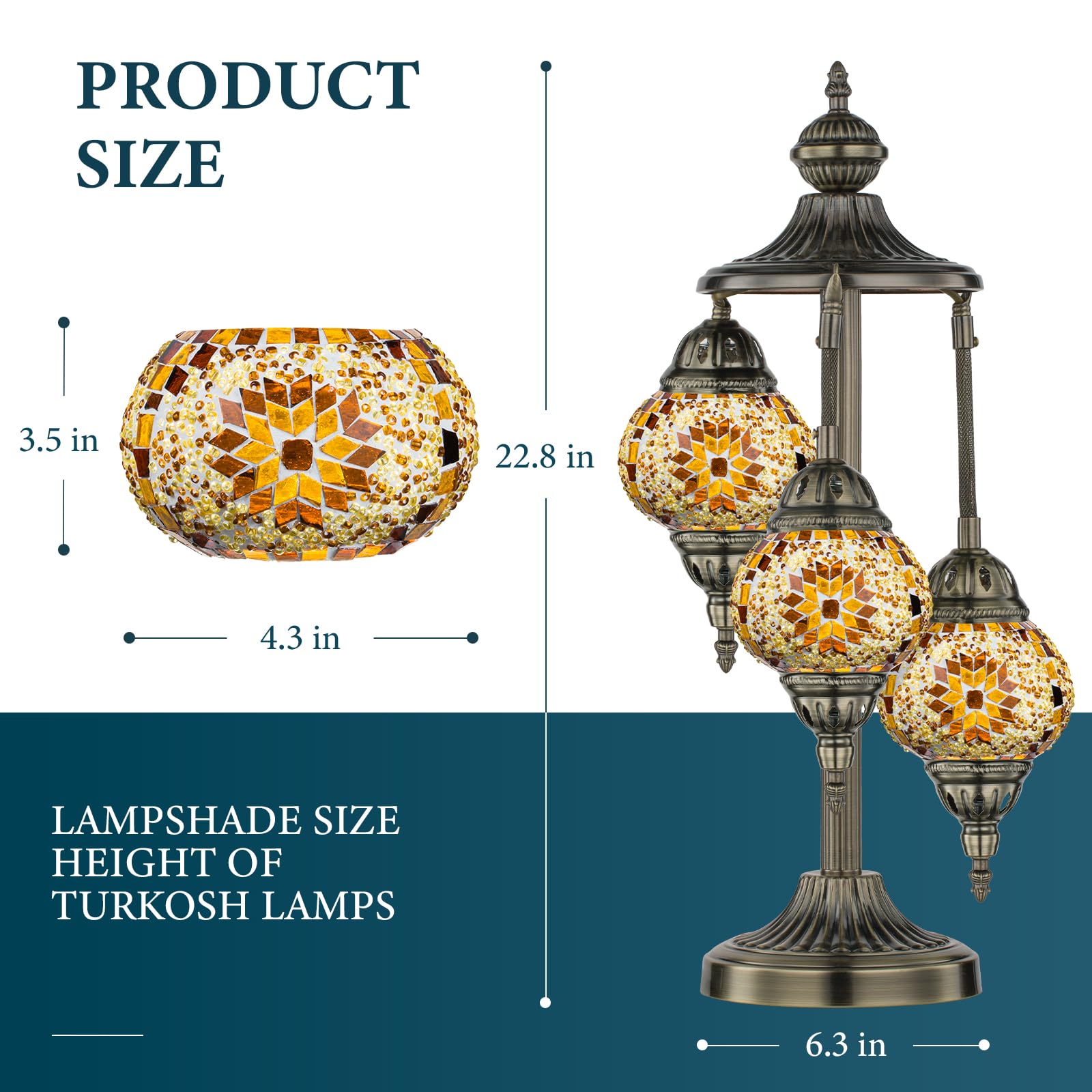 Marrakech Turkish Lamp 3 Globes Moroccan Table Lamp With Bronze Base, 23'' Tall Handmade Yellow Tiffany Mosaic Glass Night Light