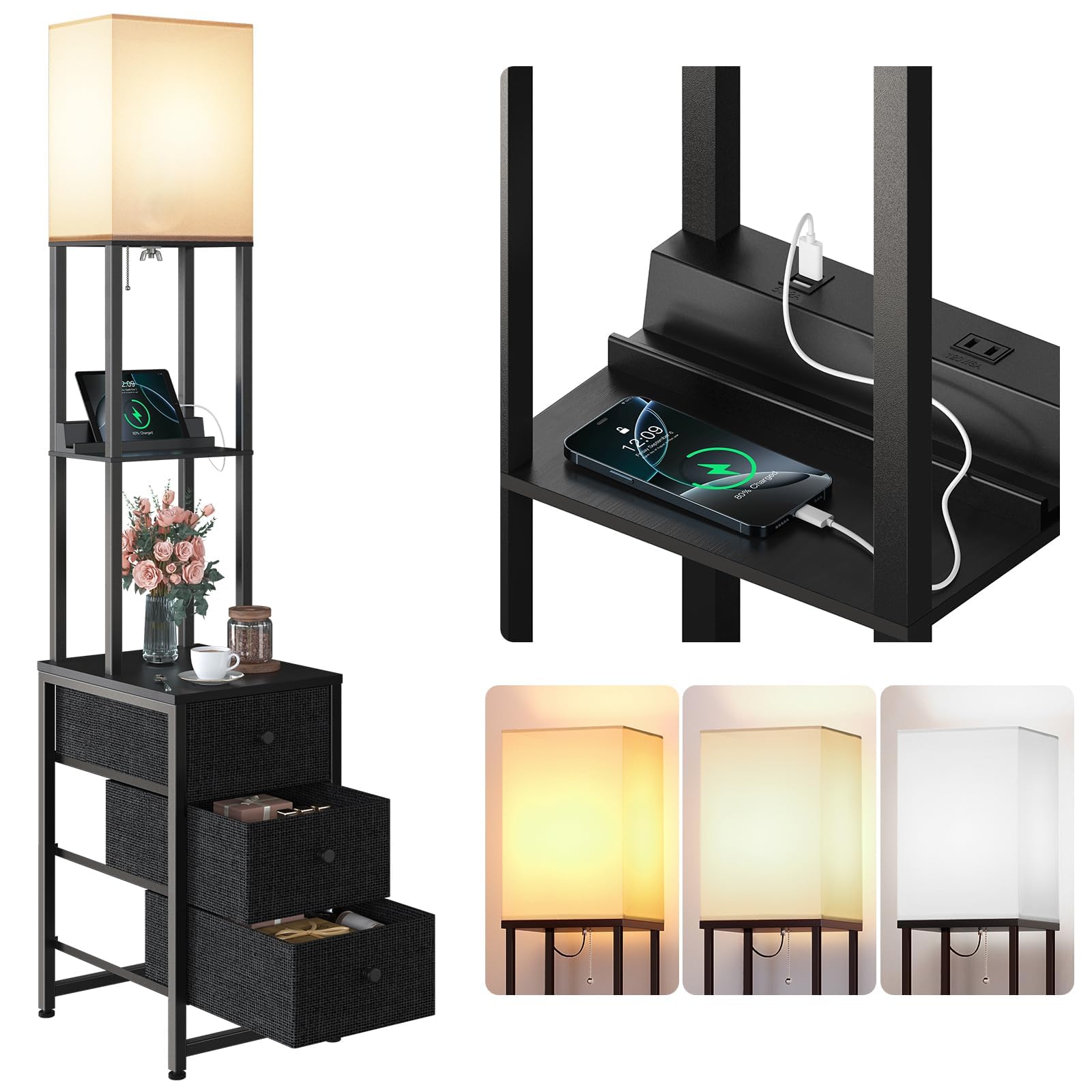 Addlon Floor Lamp With 3 Drawers And 2 Usb&1 Outlet, 3 Color Temperatures Led Bulb (9W), Sofa Lamp With White Lampshade, Display