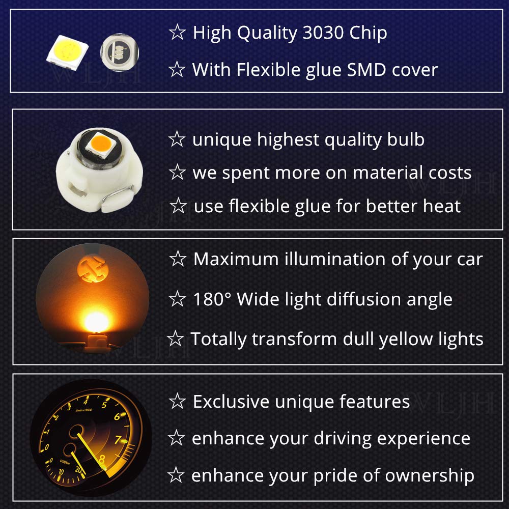 Wljh 10X Yellow T4.2 Neo Wedge Led 3030 Chipest 10Mm Base Car Instrument Cluster Bulb Dashboard Gauge Hvac Ac Heater Climate Con