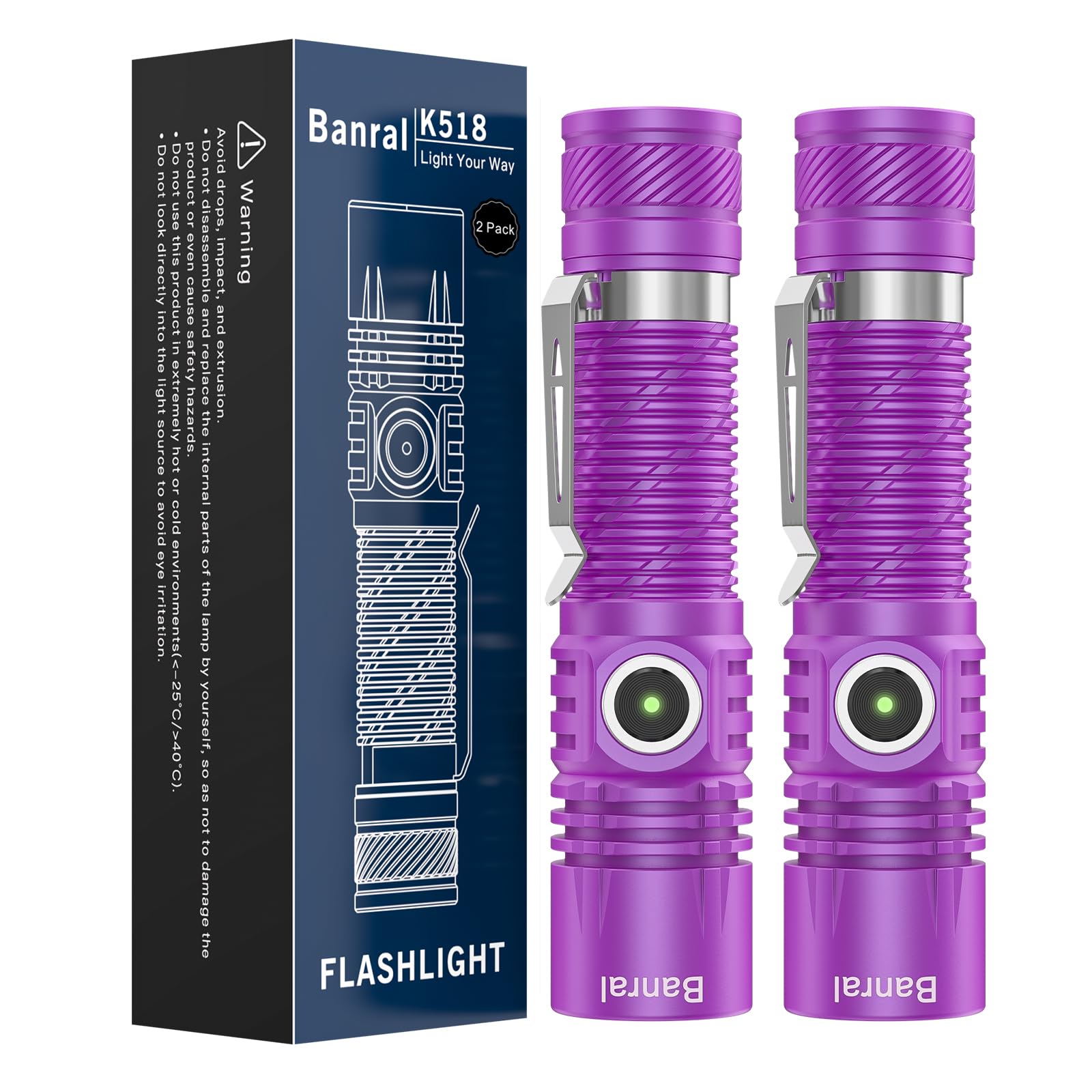 Banral Rechargeable Tactical Flashlight, High Lumens LED, USB-C, 4 Modes, Waterproof, Compact EDC, Mini, Purple, Model K518