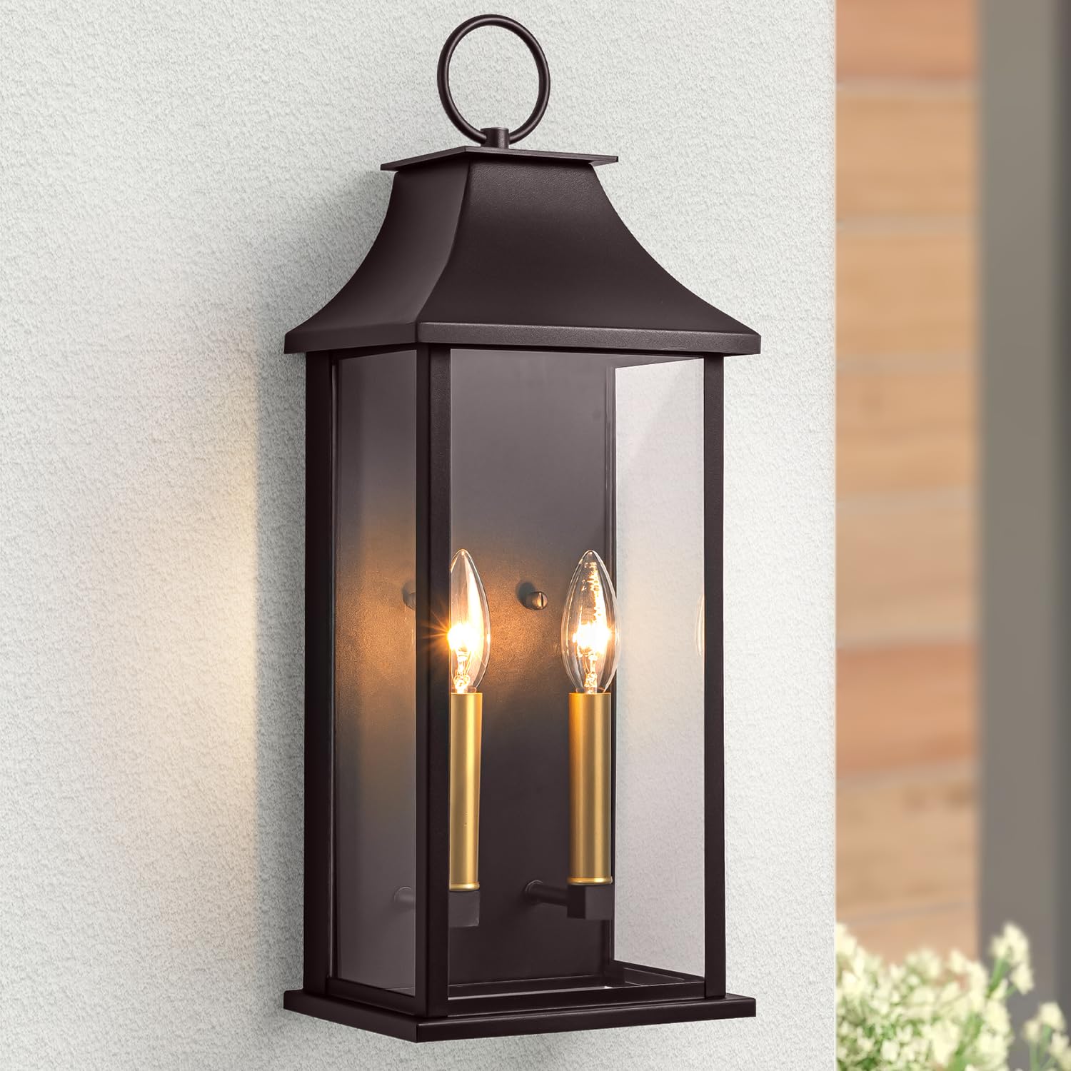 Lawyettle Outdoor Wall Light, 20.6in Bronze Dusk to Dawn Sconce, 2-Light Waterproof Aluminum Lantern, Model XG7008O-W2BR