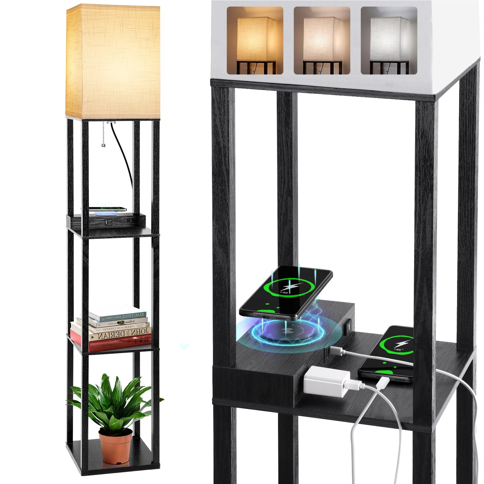 Dott Arts Floor Lamp with Shelves, Wireless Charger, USB Ports, 2 AC Outlets, 10.2in Wide, Black, Model WLM1600-FLA-8W-