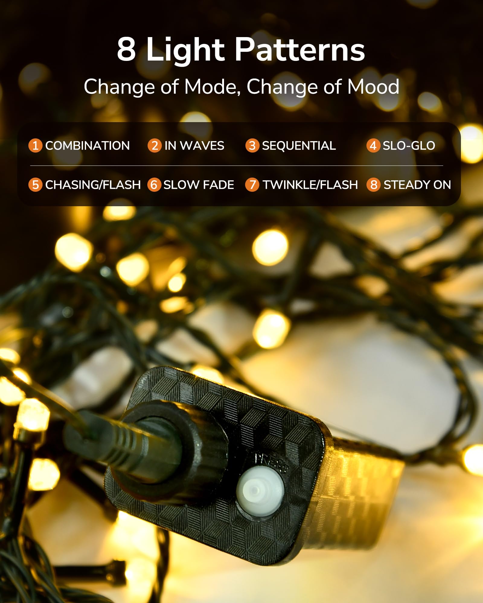 ULG Christmas Tree Lights, 300 LED Warm White Waterproof String Lights, 110FT, 8 Modes, Model JKST04