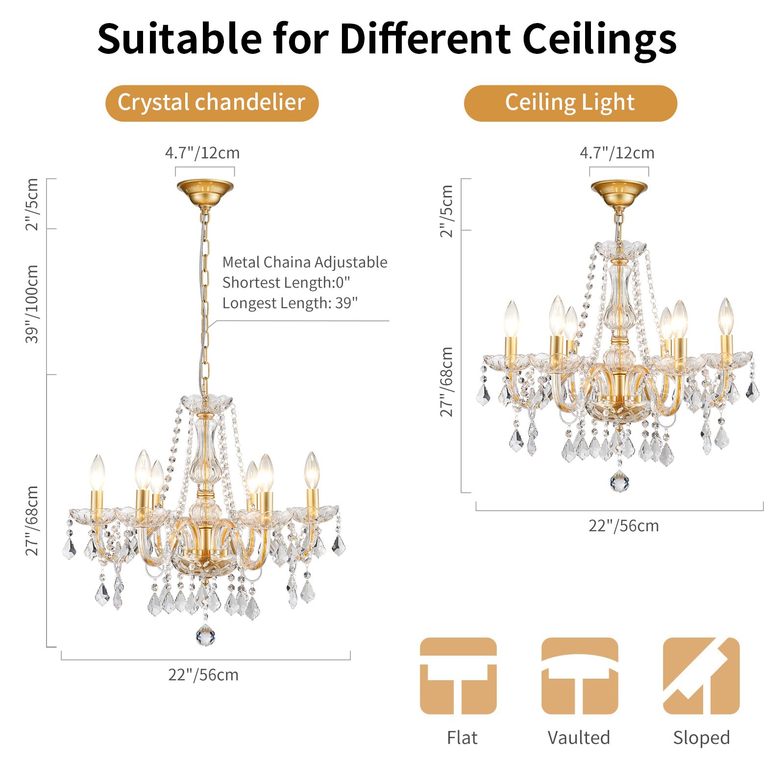 Crystal Chandelier Light Fixture, Modern K9 Crystal Chandeliers For Dining Room, 6-Lights Gold Ceiling Light, Adjustable Hanging