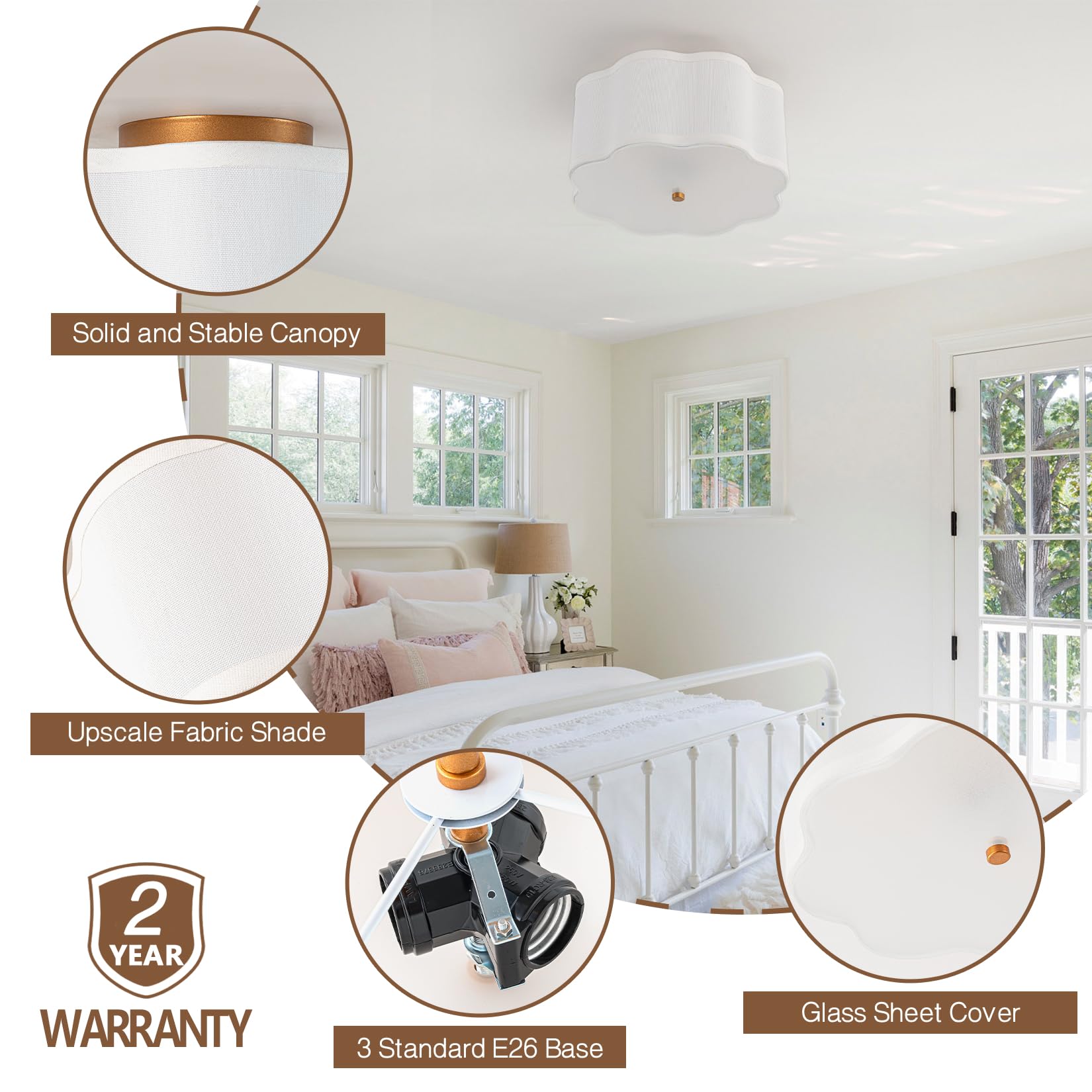Bargeni Semi Flush Mount Ceiling Light,13 Inch Drum Ceiling Light Fixture,Light Fixtures Ceiling Mount With Cream White Fabric S