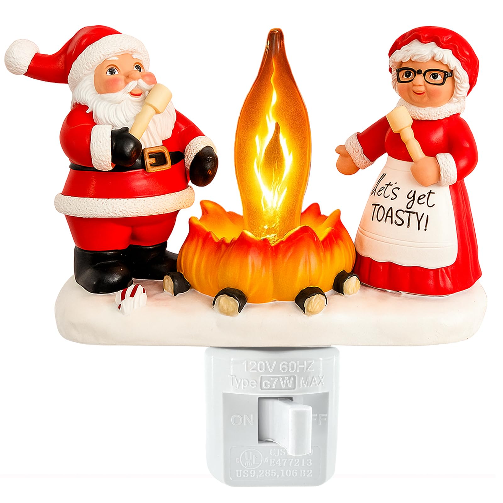 Abscalar Santa Claus & Mrs. Claus Christmas Campfire Flickering NightLight Cute Swivel Plug-in Figurine Lamp for Holiday Decor  Indoor. Campfire Night Light with Flicker Bulb Figurine Light