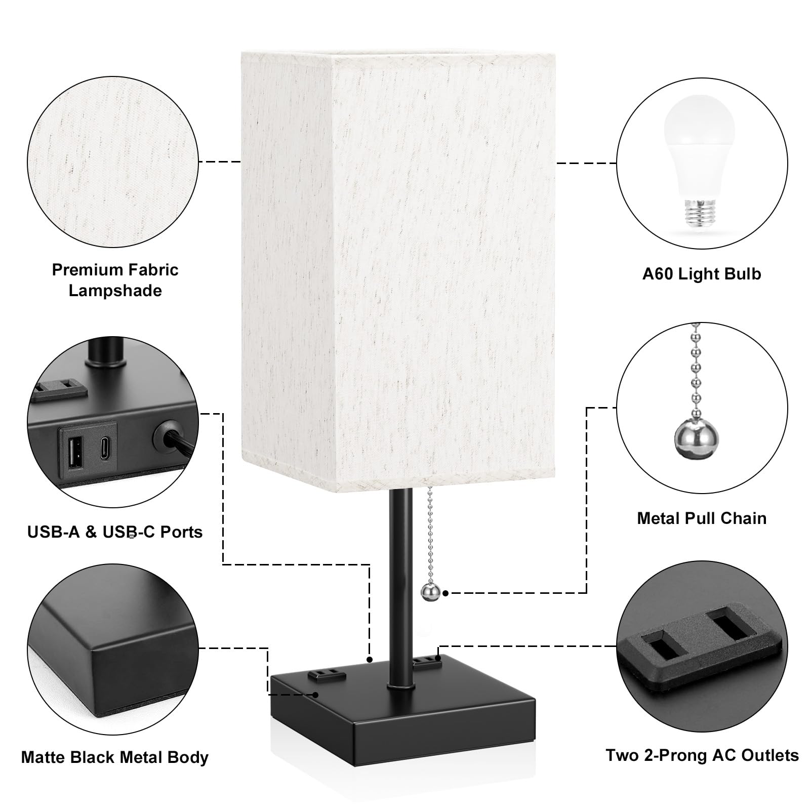 Aooshine Medium Table Lamp With Usb Ports - 3 Color Temperature Bedside Lamp For Bedroom, Pull Chain Control, Usb A And C Ports,