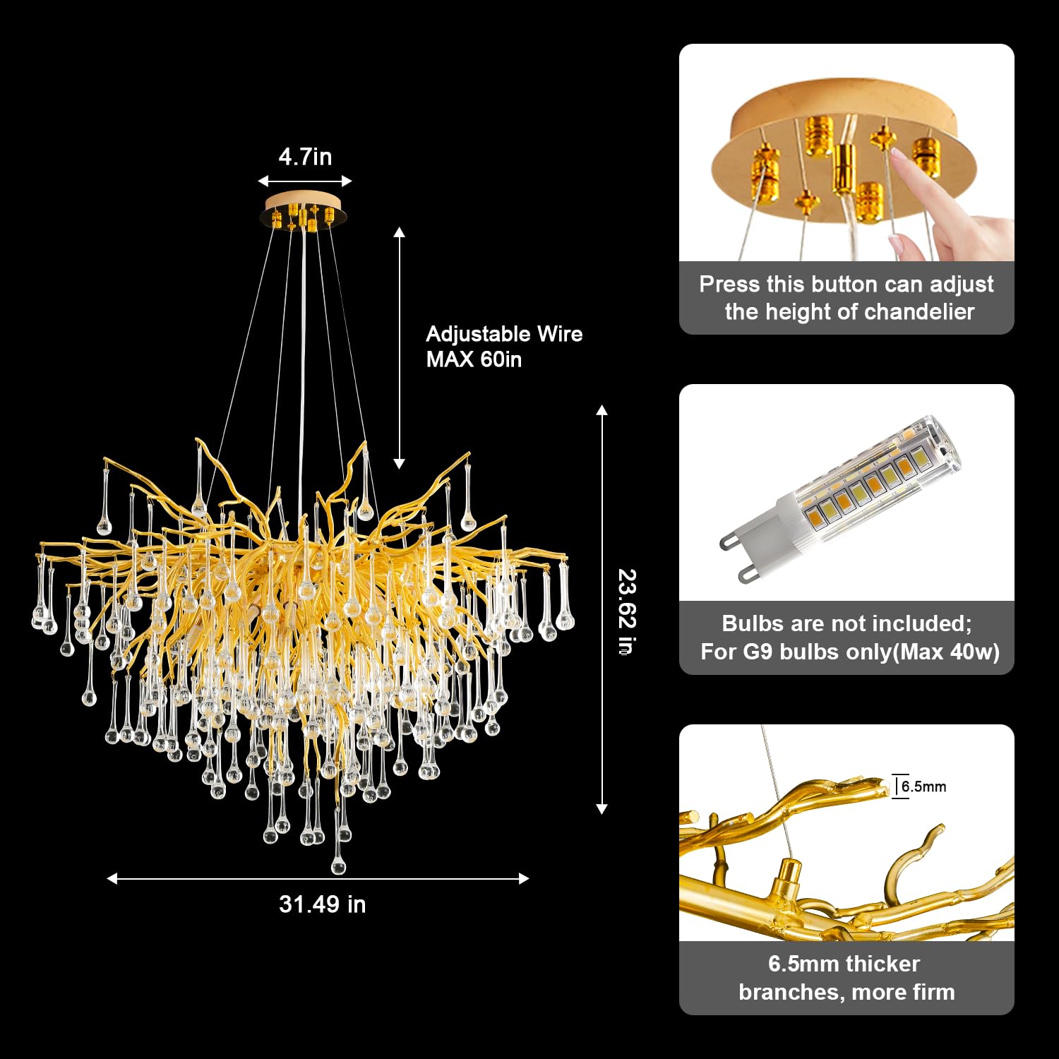 Niuzdu Crystal Chandelier For Dining Room - 31In Modern Farmhouse Crystal Gold Chandelier, Raindrop Tree Branch Chandeliers For
