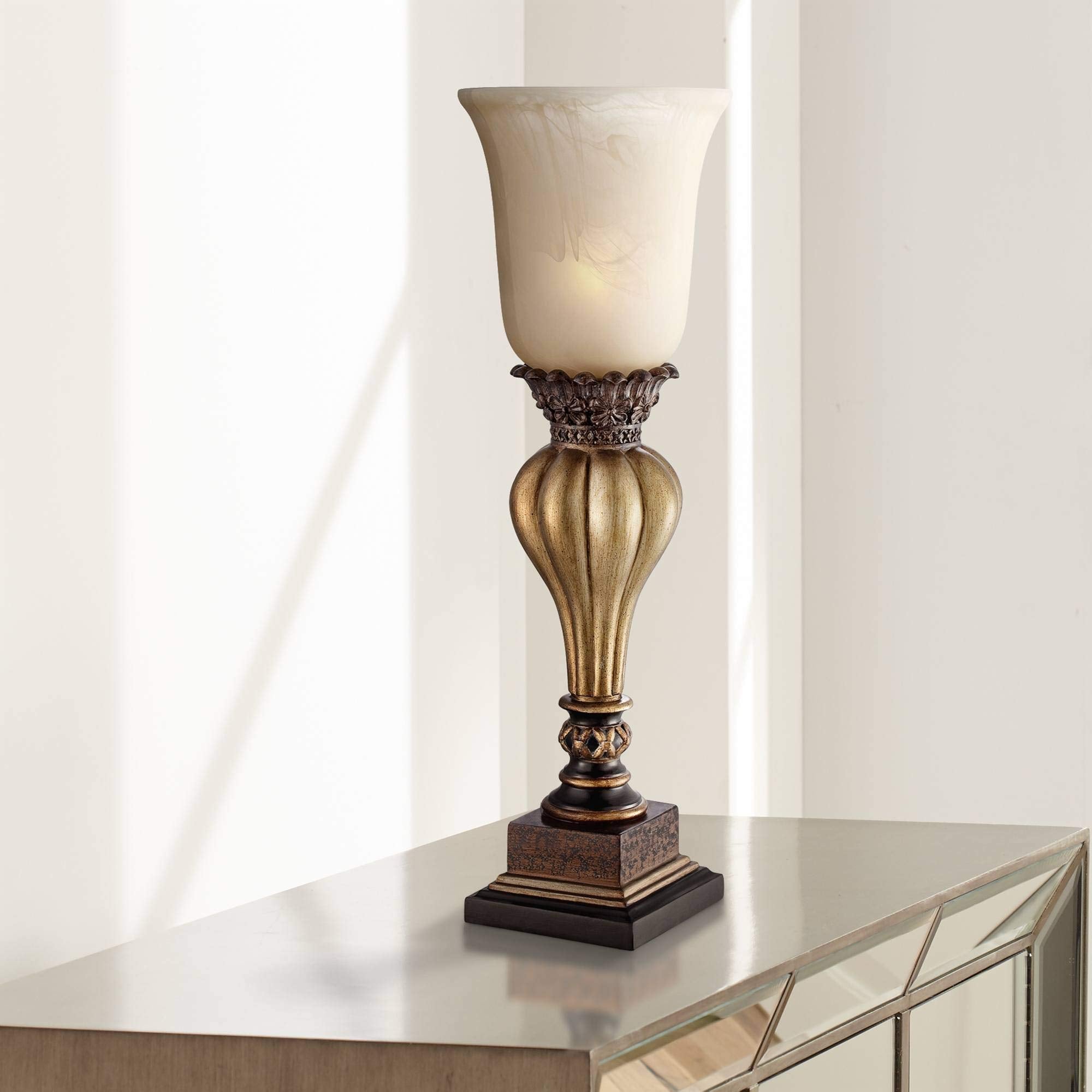 Regency Hill Sattley Traditional Accent Table Lamp 23 1/4 High Light Gold Uplight Floral Alabaster Glass Shade for Cottage Core 