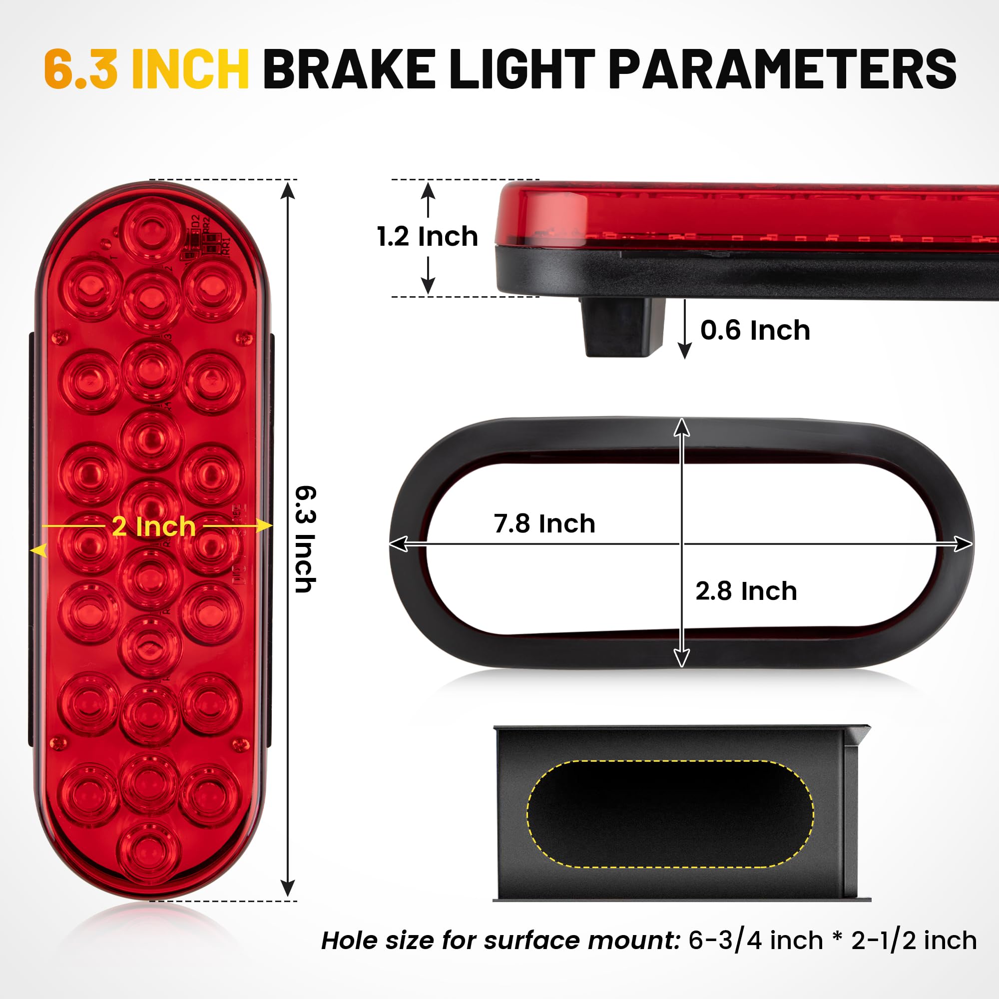 Oyviny 6 Inch Oval Red Led Trailer Tail Lights 2Pcs, Super Bright 24Leds Oval 6&quot; Brake Turn Stop Tail Lights With Flush Mount Grommets Dot Sae Certified For Rv Truck, Bus, Trucks
