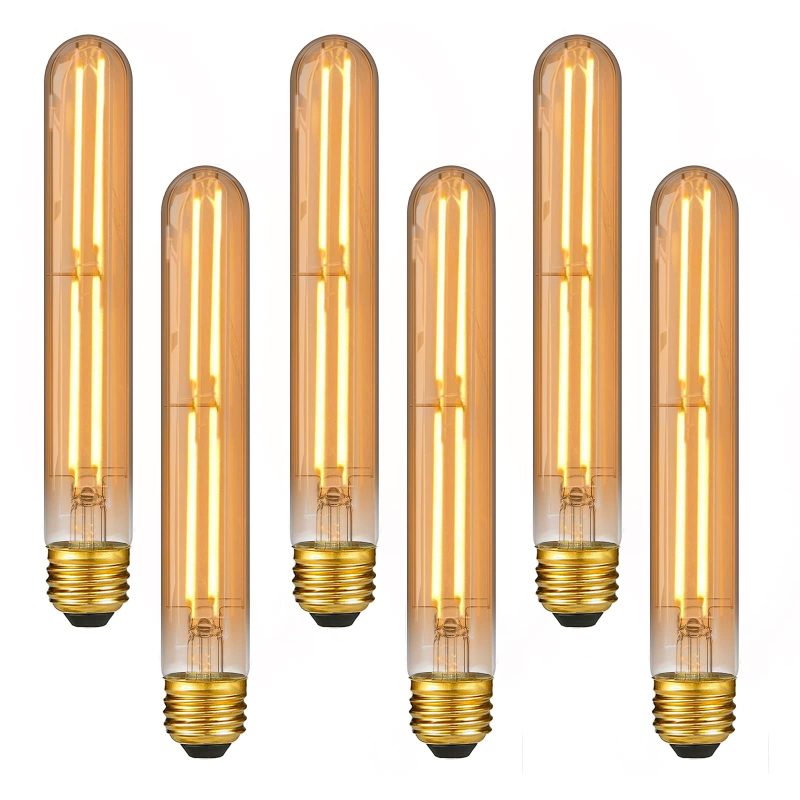 NOVELUX Edison Bulbs 60W LED Dimmable T10 Tubular Light, 2200K Amber, Glass, E26 Base, 6 Pack
