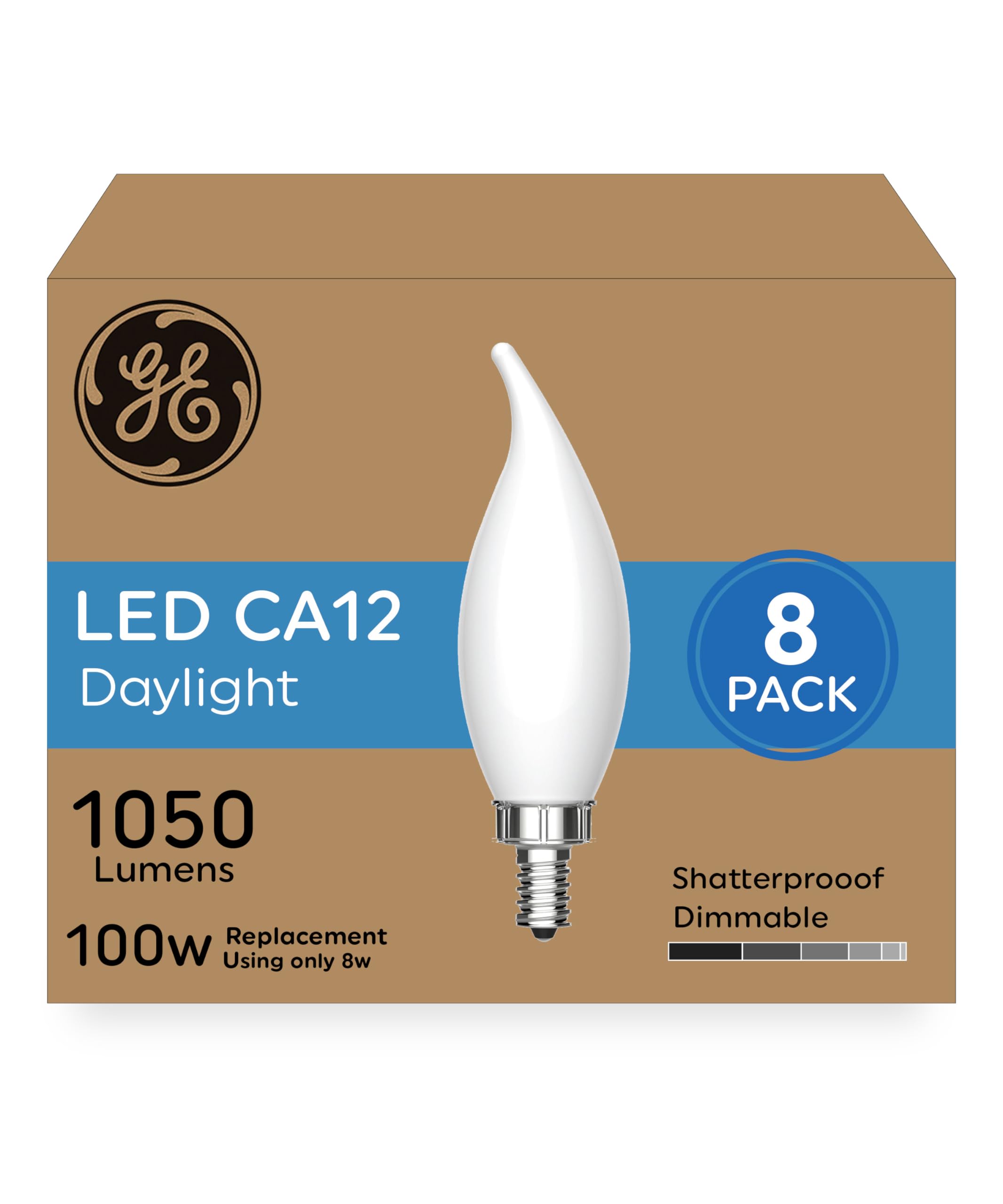 Ge Ultra Bright Led Light Bulbs, 100W, Daylight Candle Lights, Frosted Decorative Ca12 Light Bulbs, Candelabara Base (8 Pack)