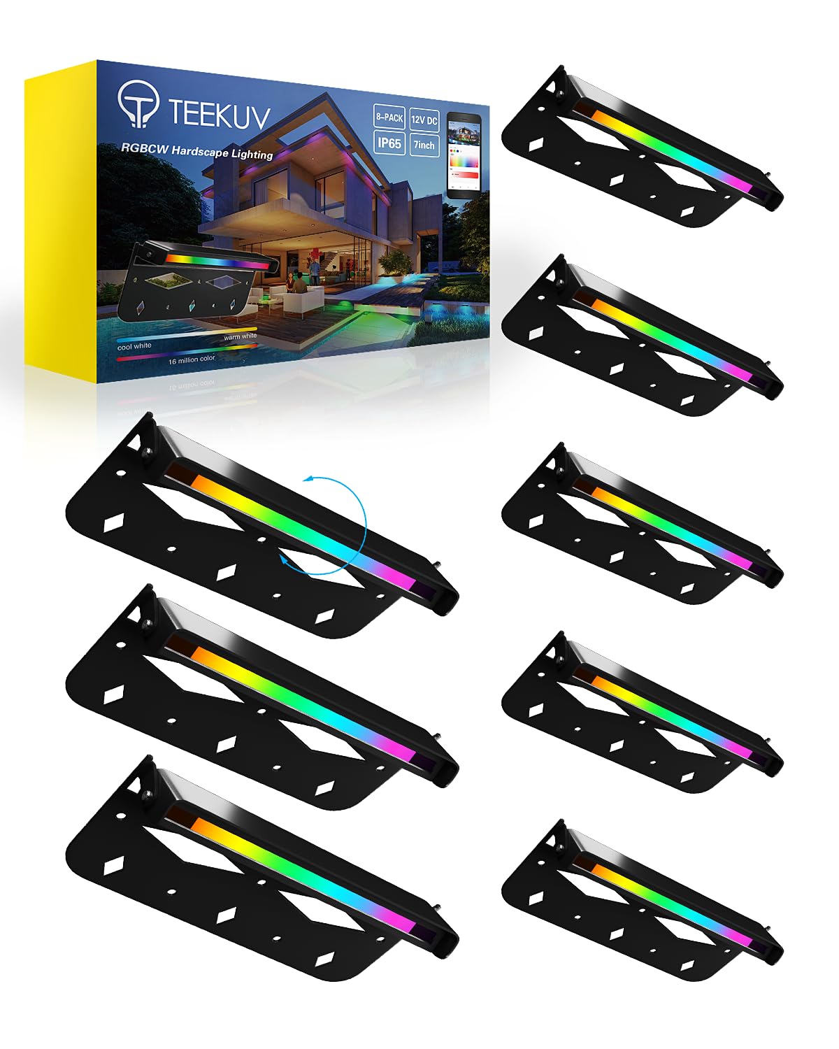 Teekuv 8 Pack 7 Inch RGB LED Hardscape Lighting, 5W Smart Retaining Wall Lights 16 Million Colors with Remote Control, IP65 Wate