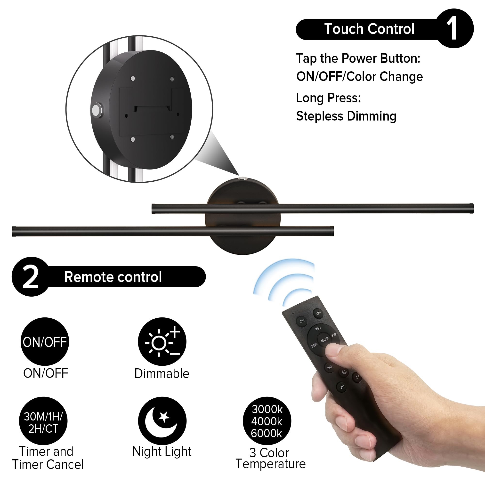 Floisdace Wall Sconce Set of Two, 8000mAh Battery Operated, Dimmable LED, 3 Colors 3000K-6000K, Wireless, Black, Model