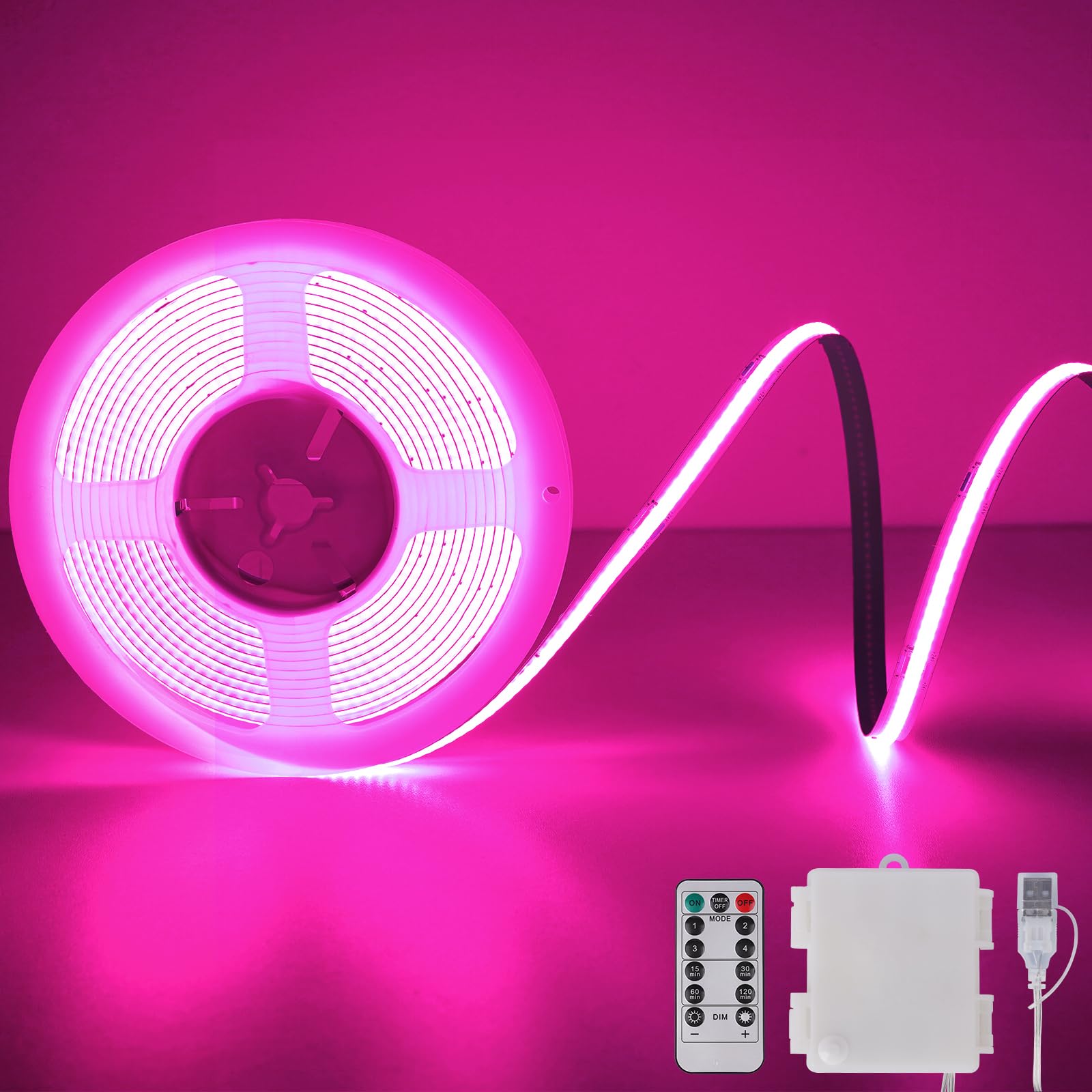 Pink Cob Led Strip Lights Battery Powered With Remote  6.56Ft 640Led Light Strip Dimmable Cuttable Flexible Wireless Led Tape Light For Gifts  Bedroom  Party  Tv Backlight  Home Lighting Decor