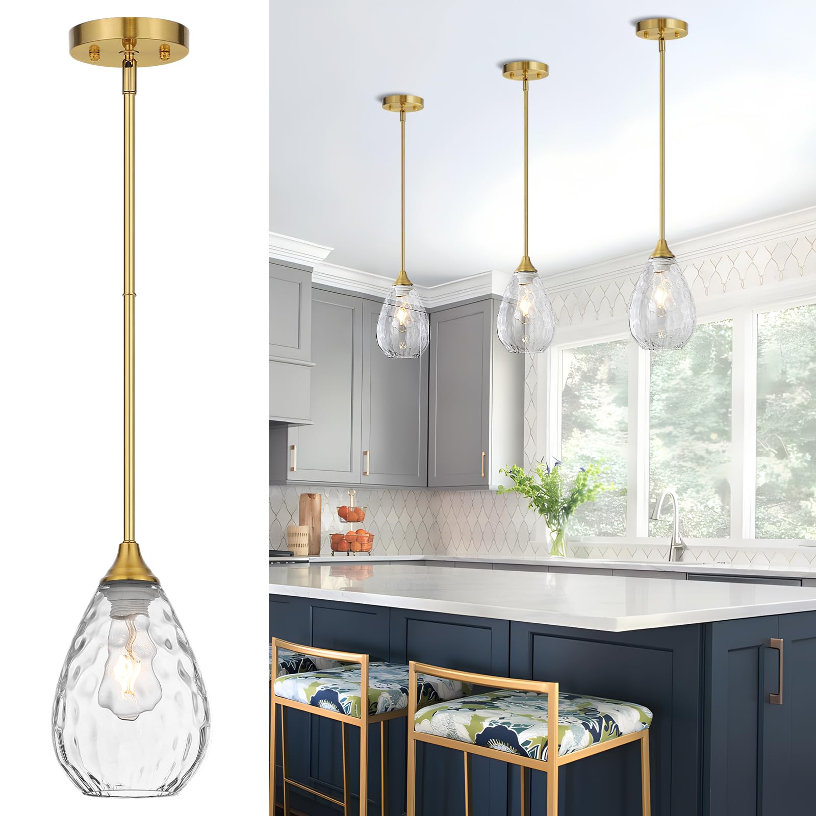 SADUENFR Glass Pendant Lights Kitchen Island  1-Light Modern Brushed Gold Pendant Light Fixtures with Hammered Glass and Rods  Small Hanging Light for Kitchen Sink Dining Room Bathroom